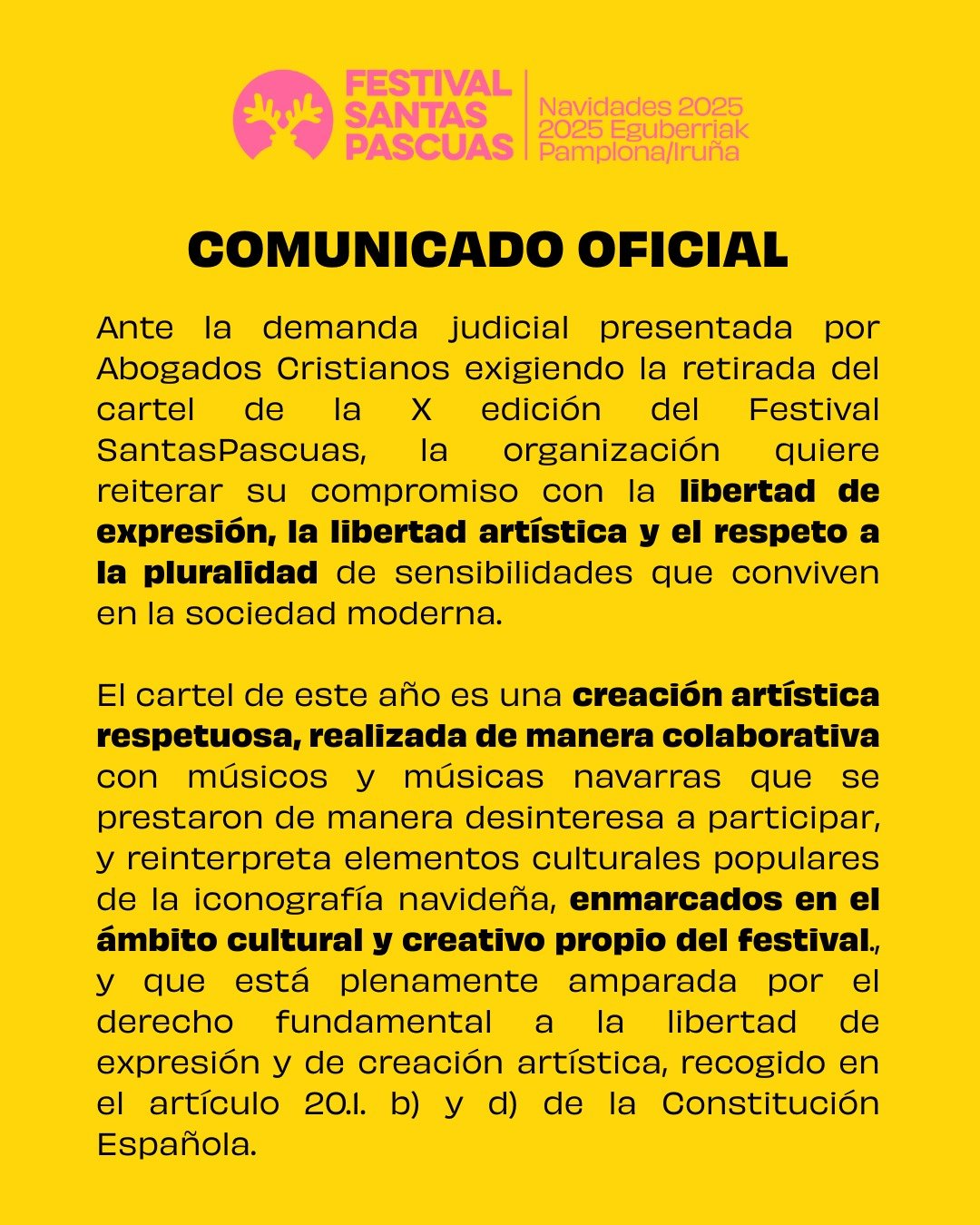 Comunicado oficial ante la denuncia presentada por la Asociaci&oacute;n Espa&ntilde;ola de Abogados Cristianos exigiendo la eliminaci&oacute;n del cartel anunciador de la X edici&oacute;n del Festival SantasPascuas.