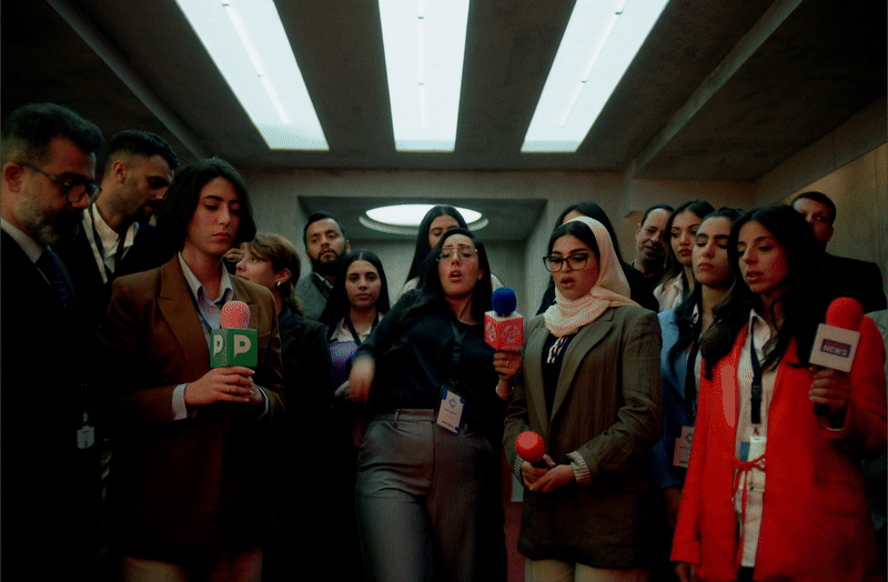 Young women being interviewed while eating KFC in a commercial still, cinematography by Johan-Fredrik Bødtker.