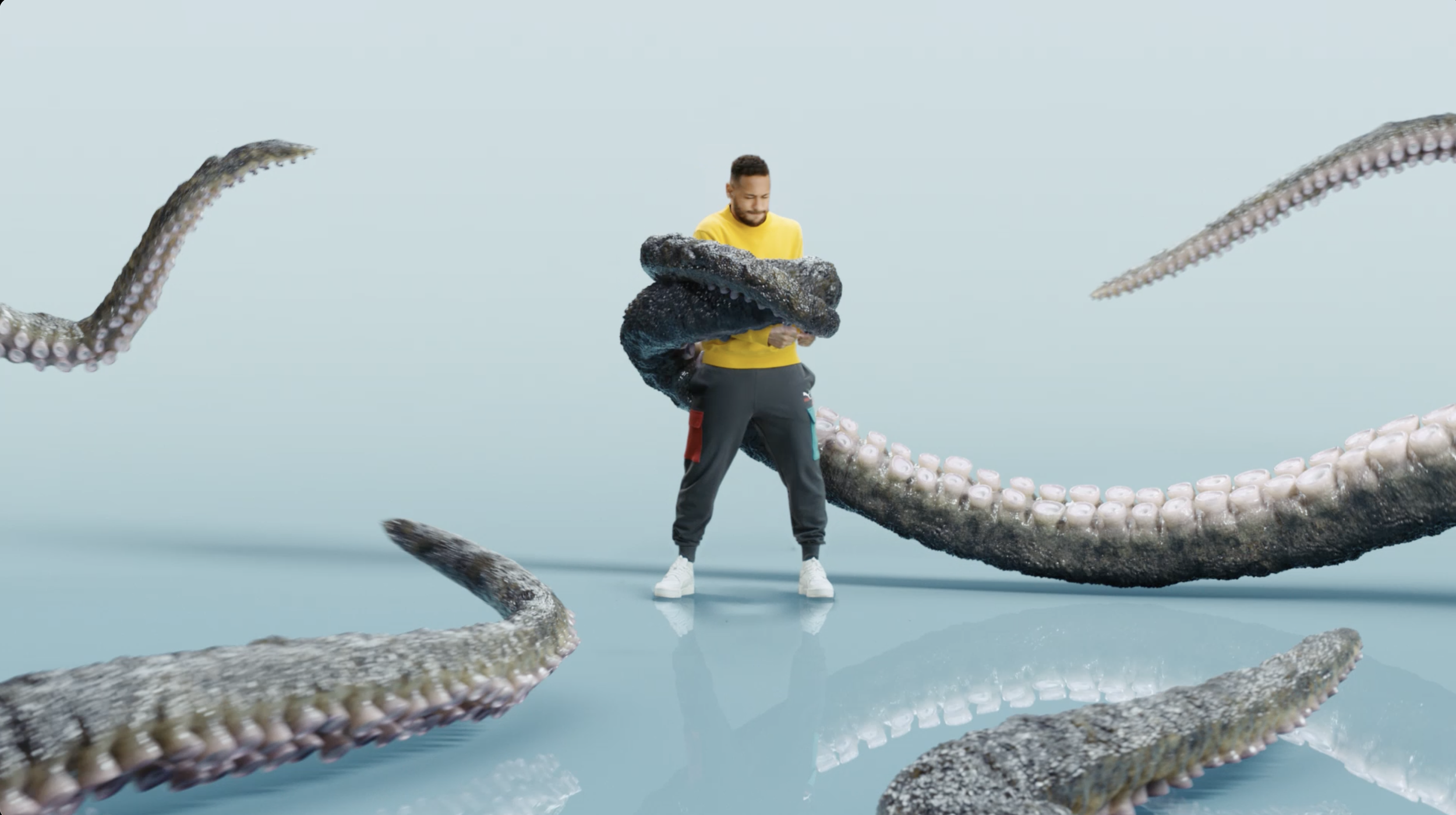 Neymar standing among giant octopus tentacles in an Ooredoo campaign, cinematography by Johan-Fredrik Bødtker
