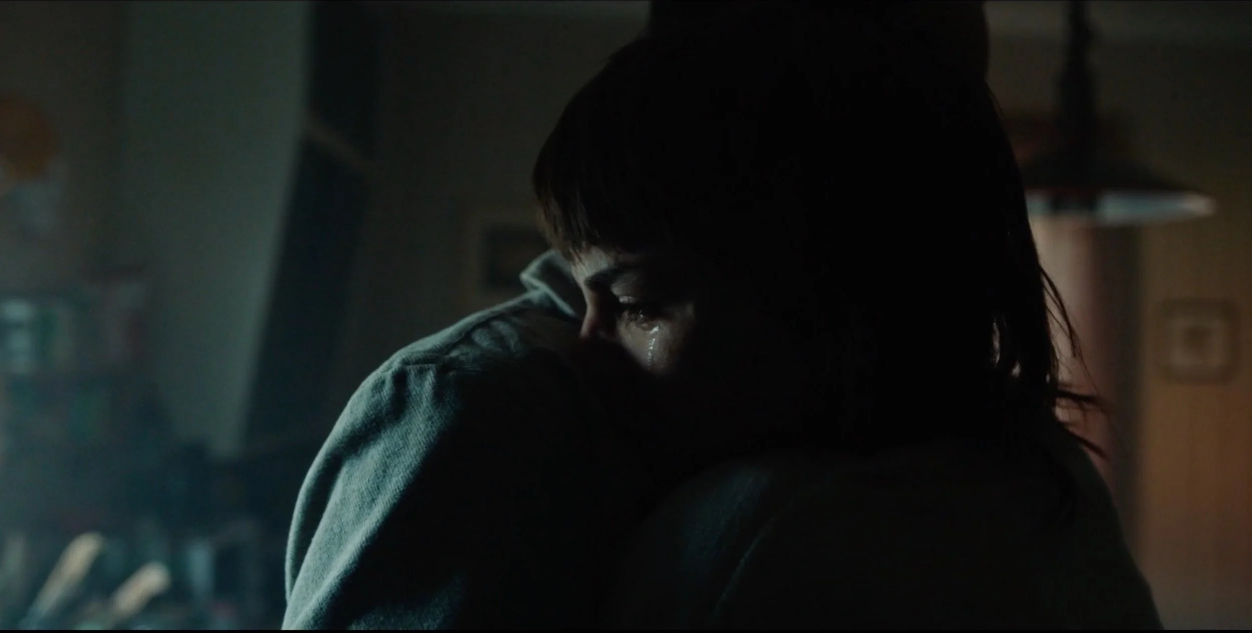 A person with dark hair, looking sad, hugging someone in a dimly lit room. fenris tv series