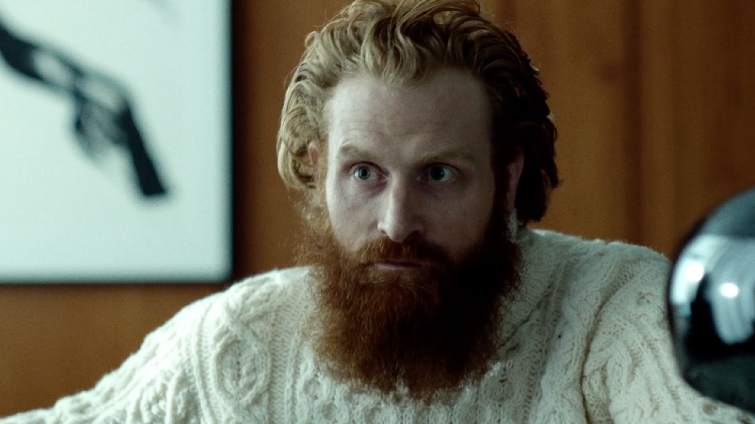 kristoffer hivju Red-haired bearded man in an interior scene from Lilyhammer, cinematography by Johan-Fredrik Bødtker.