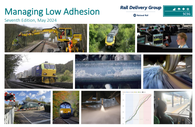 Cover page of a rail management guide titled 'Managing Low Adhesion,' published in May 2024, with images of rail vehicles, maintenance work, control room operators, and related rail operations. Containing rivelin rail tribometer friction