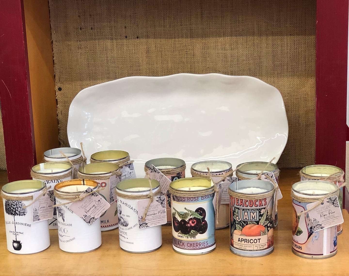 Our new kitchen candles in recycled vegetable cans with vintage labels.  Available in Rosemary Sage, Lemon Cake, Garden Mint, Peach Bellini, Grapefruit Spritz and Cucumber Melon. They are at The Corner Store in Sonoma!