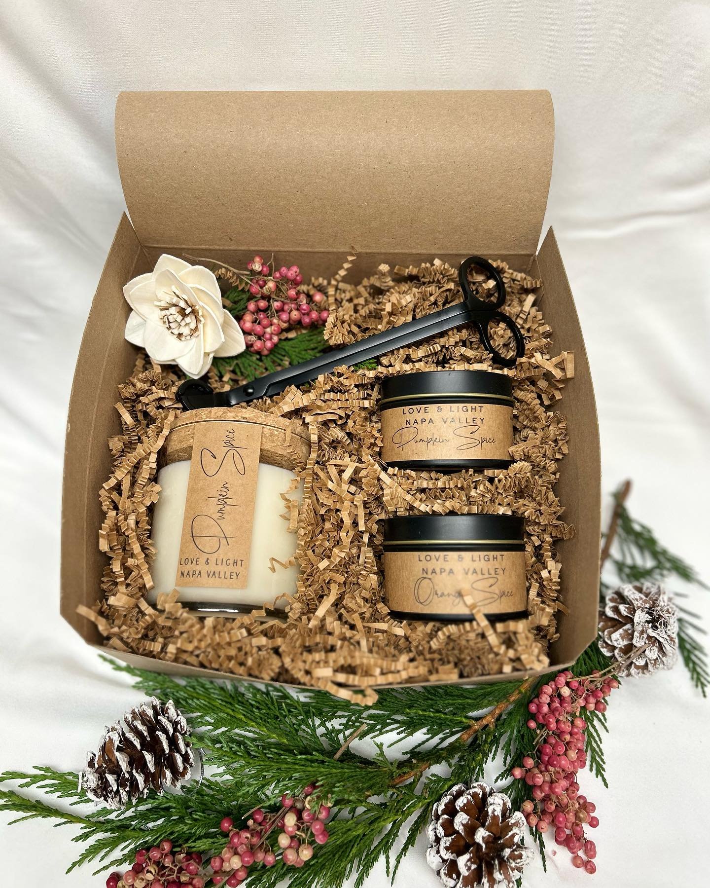 The holidays are just around the corner. In collaboration with Jefferies General we are putting together gift boxes. We have a variety of choices, you can pick style and scent of candles and add ornaments, holiday dishes, matches, wick trimmer, honey