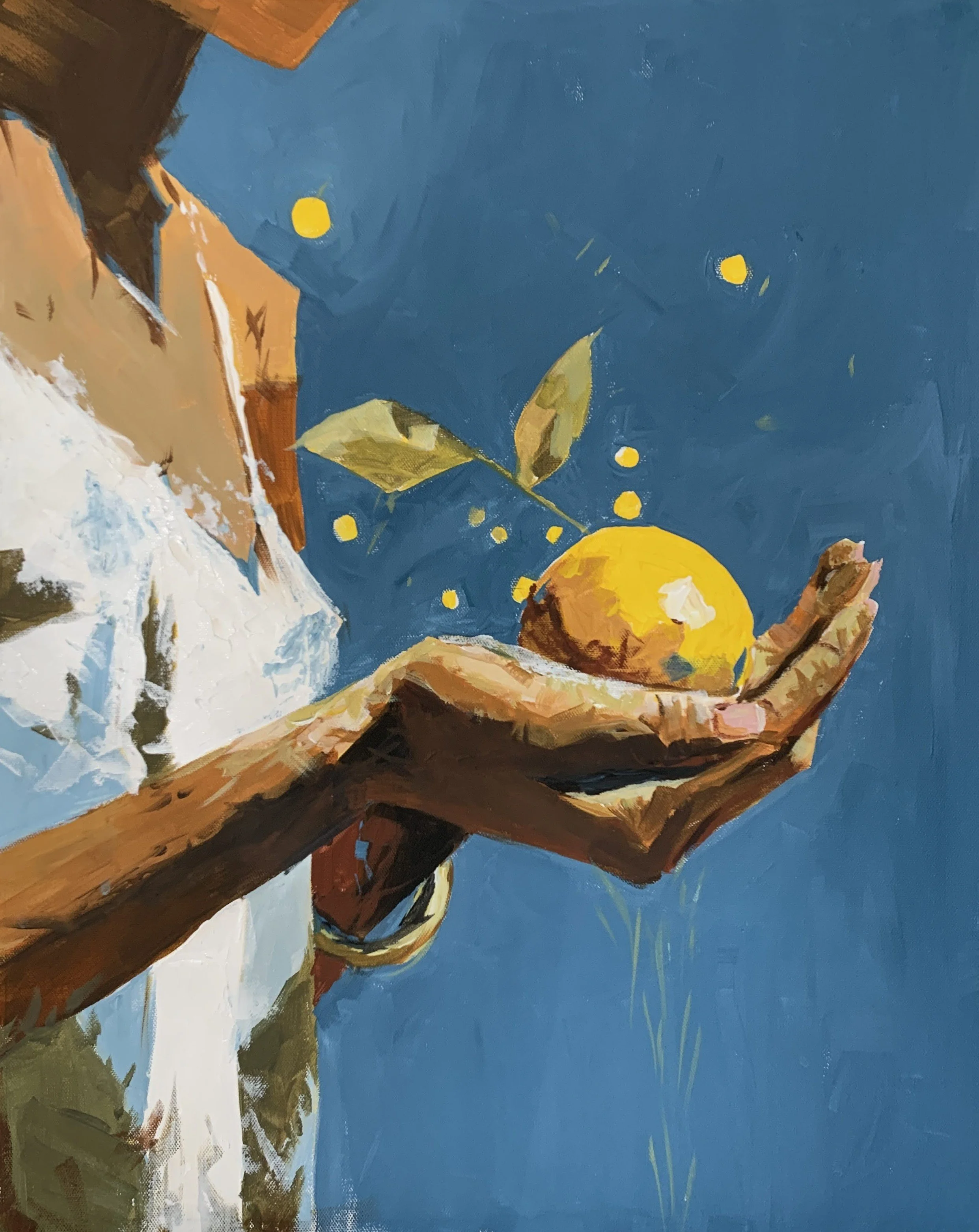 Cropped figure holding a yellow lemon in open hands against a muted blue background. Vita Schagen artist art