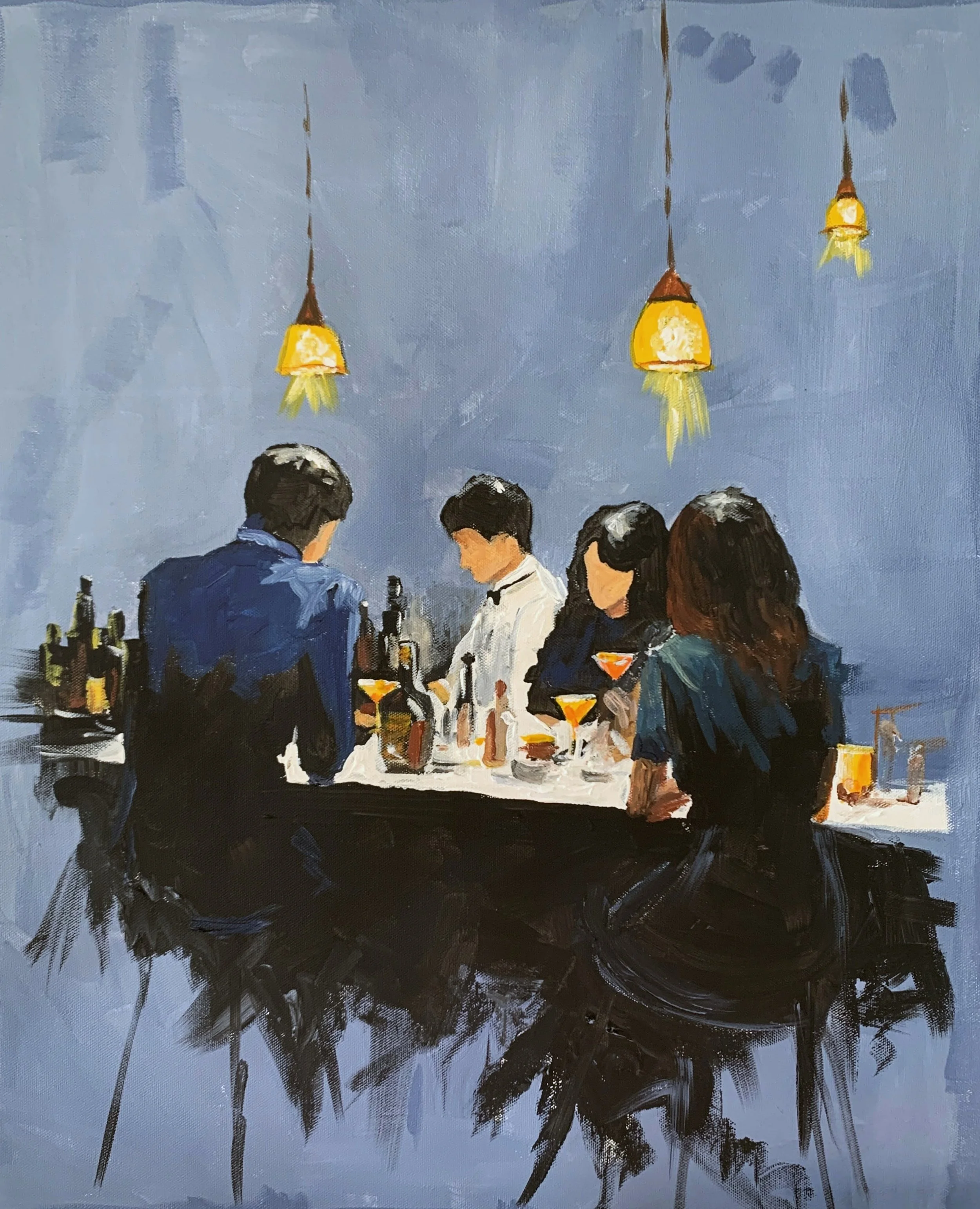 artwork Blue cocktail bar interior with a bartender, four guests, orange drinks and three warm pendant lights above the counter, Vita Schagen art