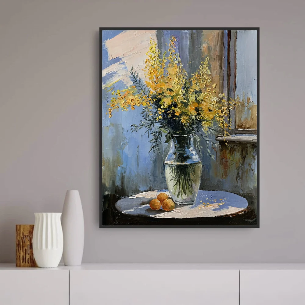 Bouquet of mimosa in a transparent vase by the window. Oil