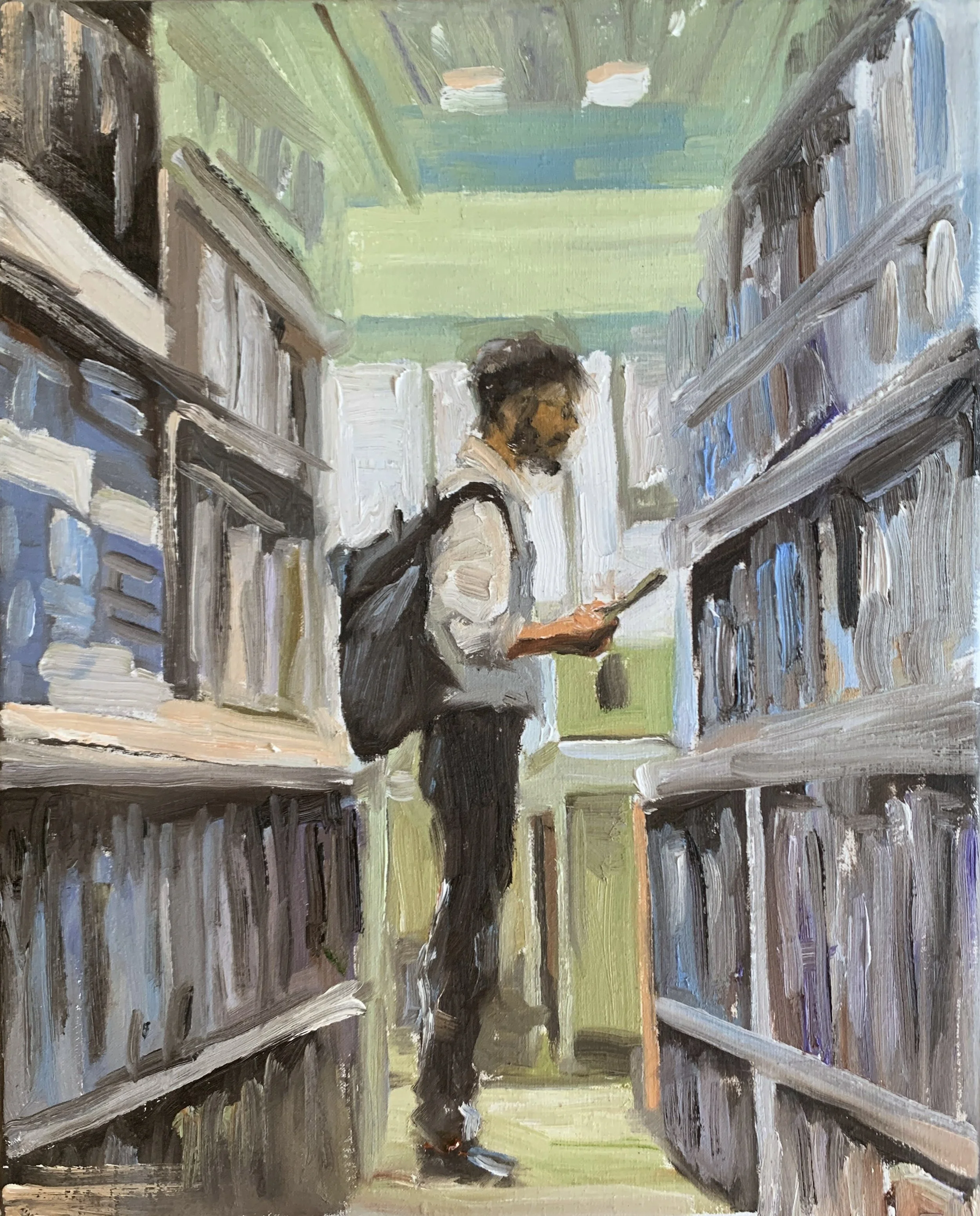 artwork Backpacked reader studying a green book between tall shelves in a quiet public library