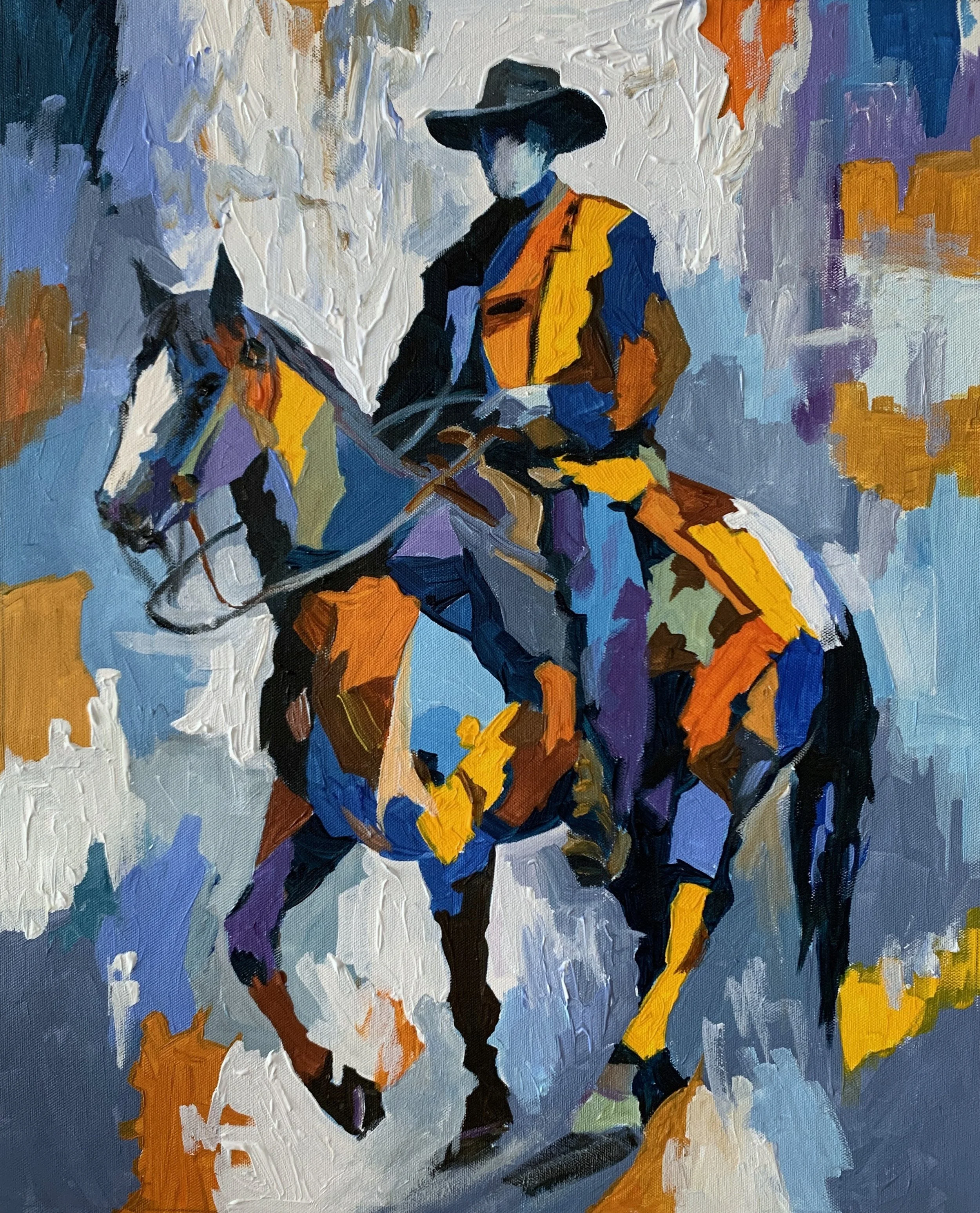 Vita Schagen art, Cowboy in a black hat riding a brightly coloured horse against an abstract blue, white, orange and gold background