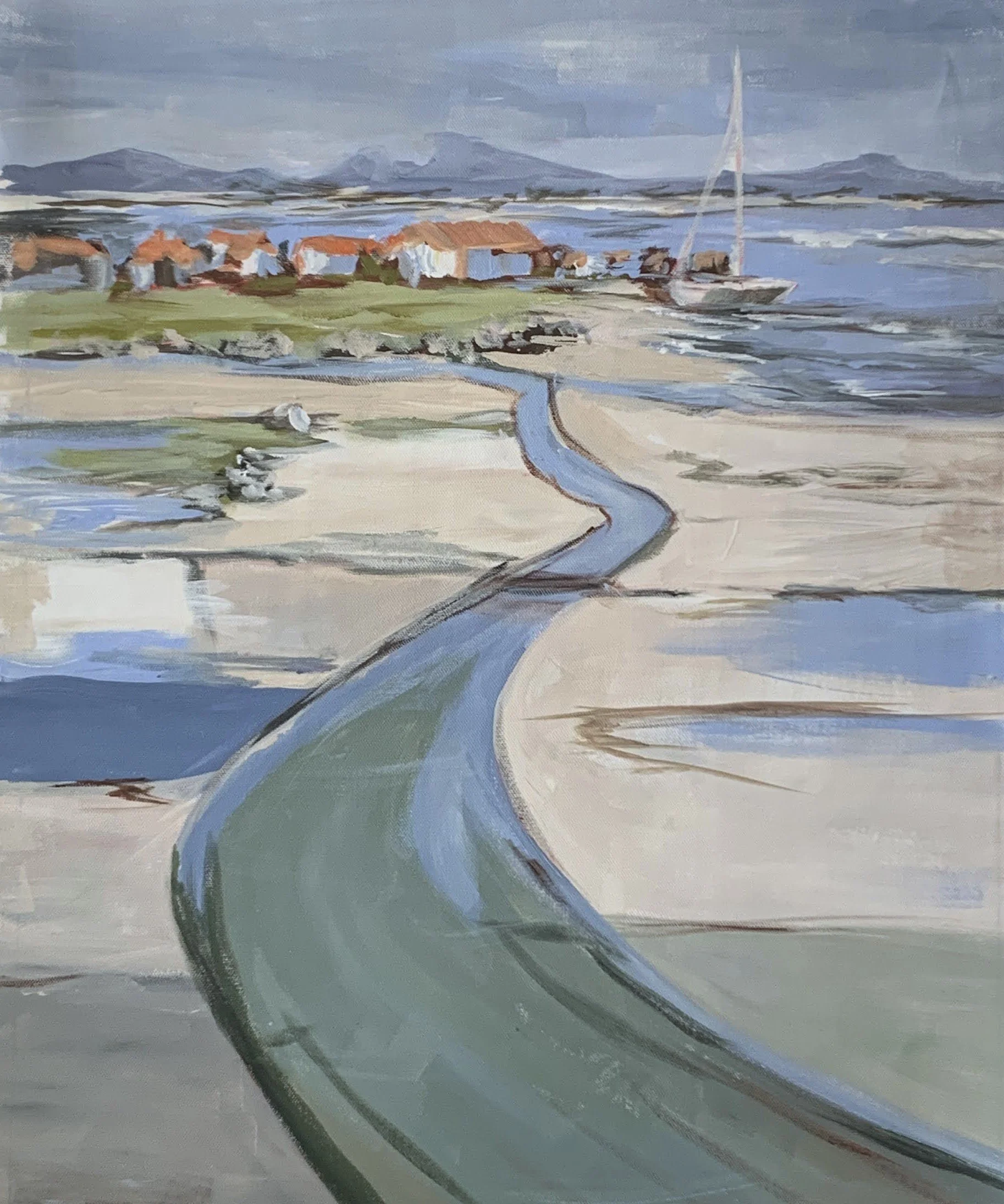 Winding blue-green coastal channel with white houses, a sailboat and distant mountains Vita Schagen