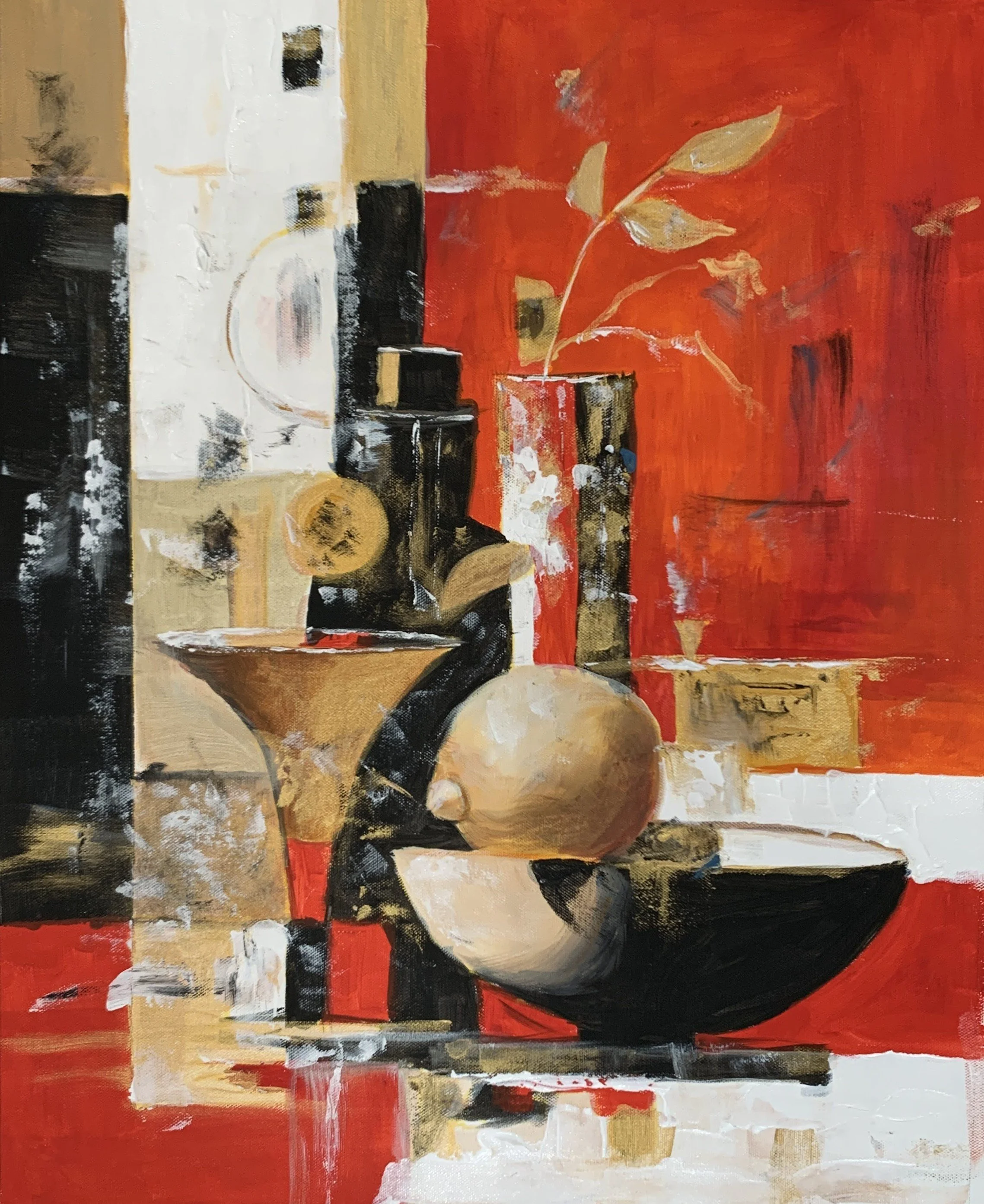 Semi-abstract red still life with dark vessels, pale round forms and a branch against red and cream