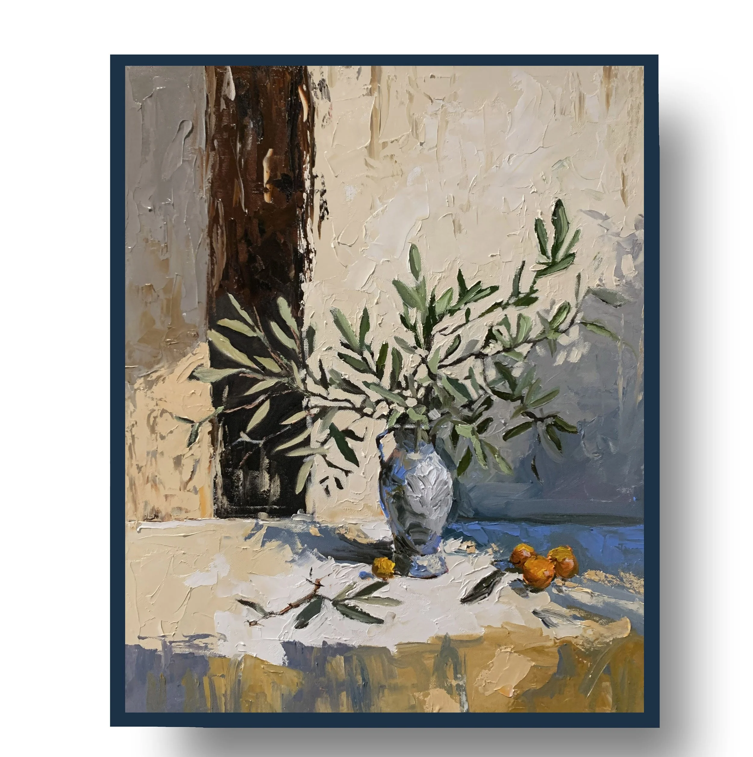 Olive Branches by the Window.       Oil painting on canvas.  50x40cm.