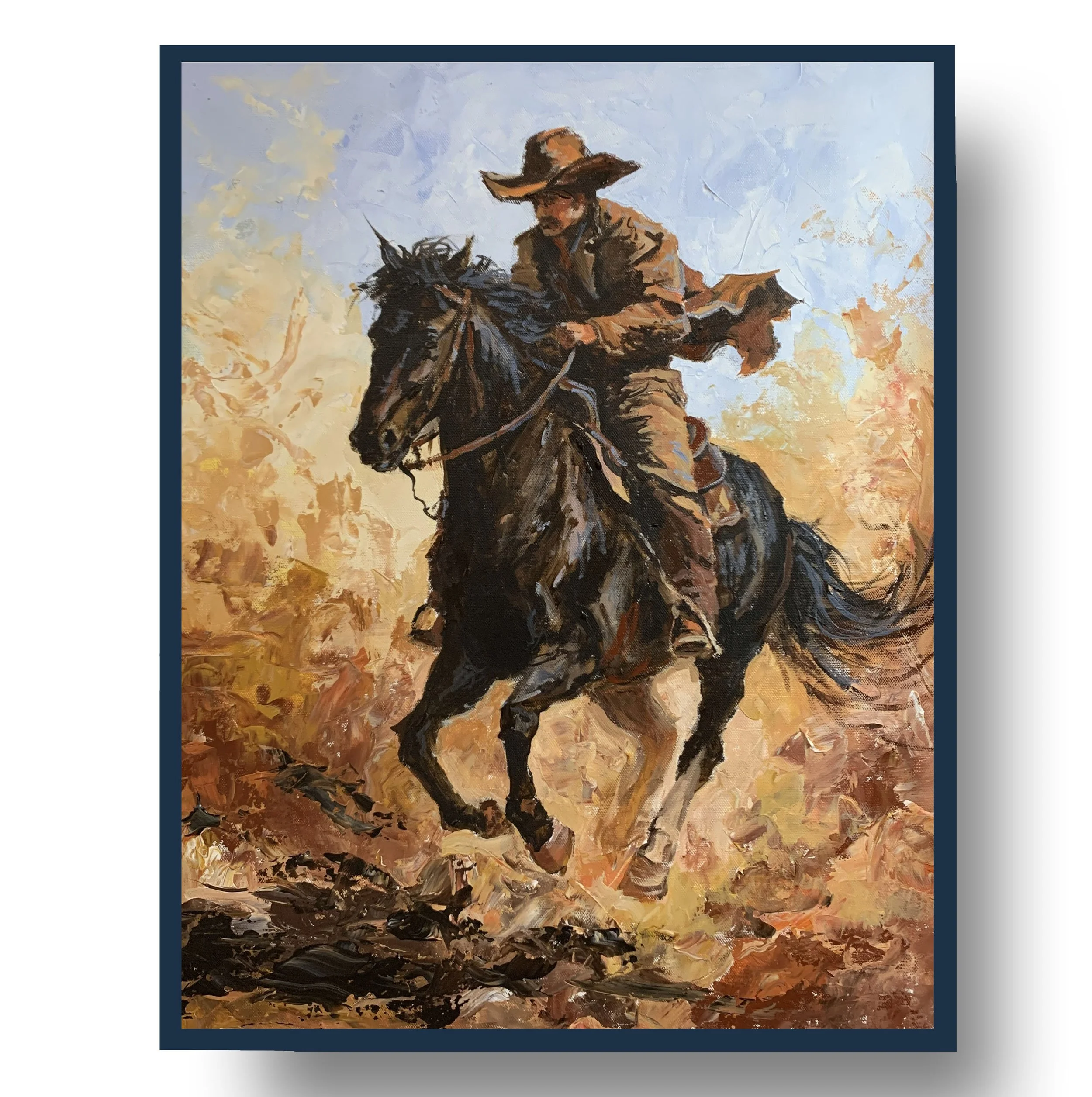 Cowboy on a Black Horse Across a Dusty Prairie.      Acrylic painting on canvas. 50x40cm.