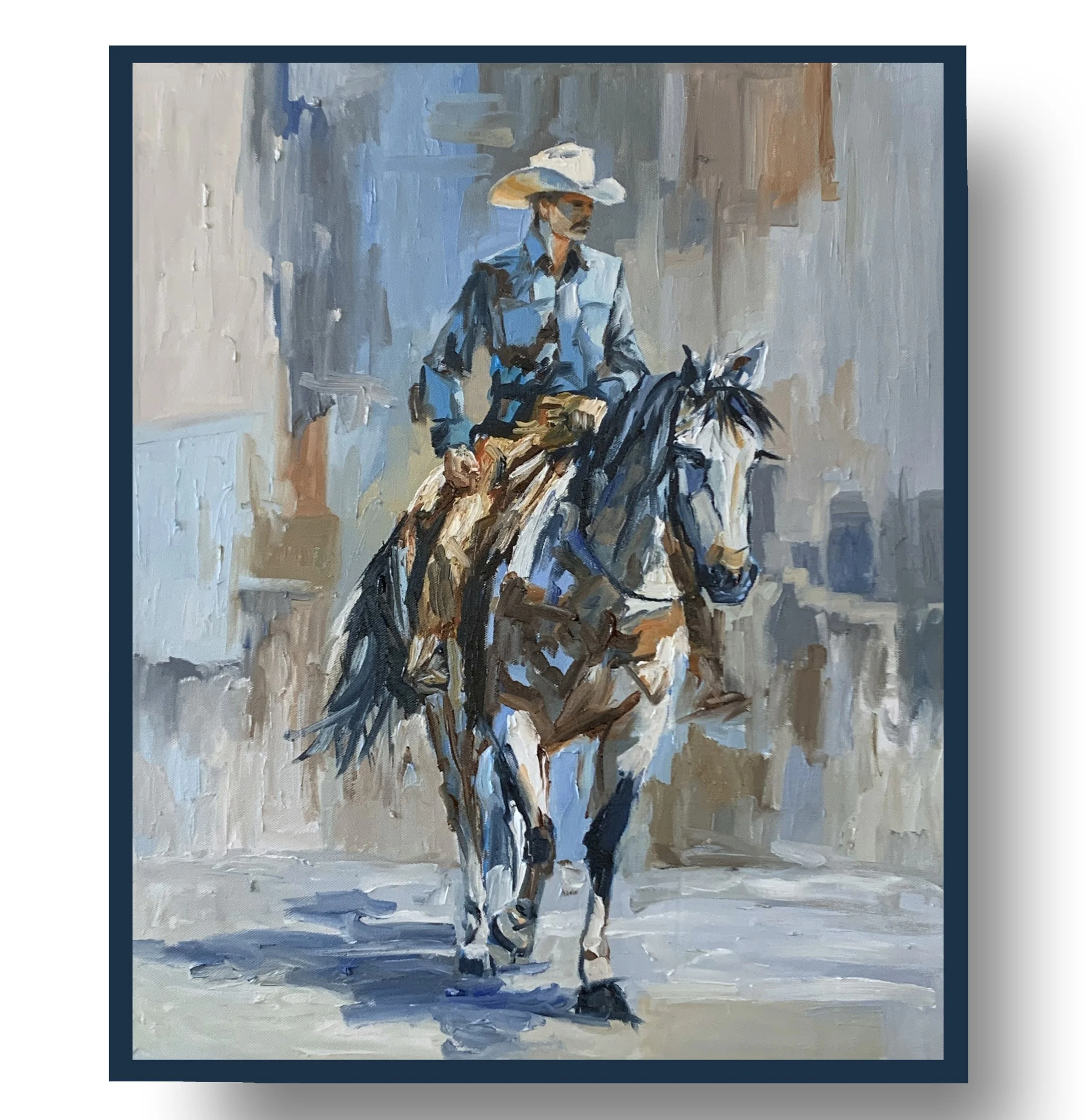 artwork Cowboy in a blue shirt riding a dark horse forward against a pale abstract background, Vita Schagen painting