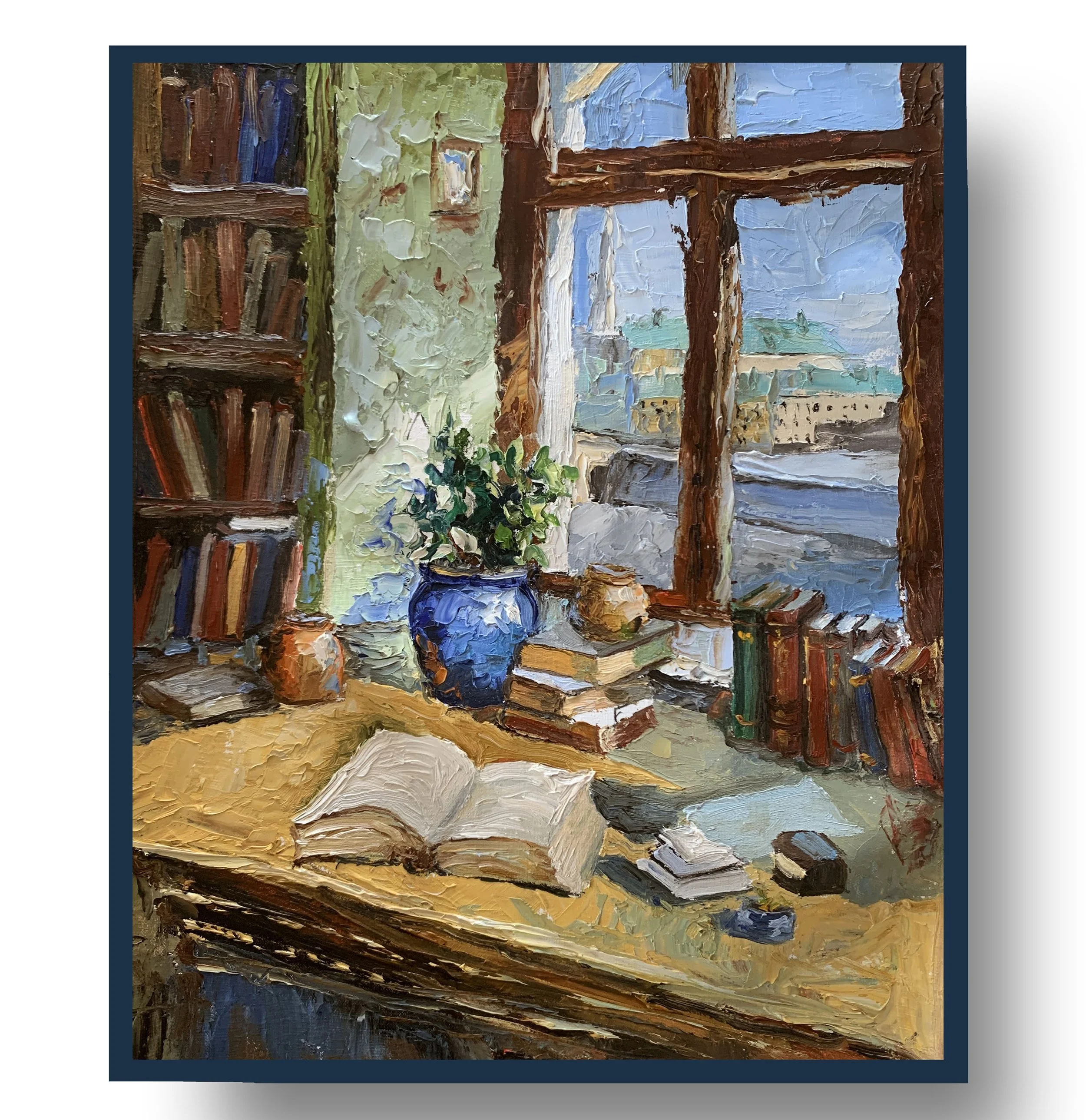 Home Library with Open Books and a Blue Vase.     Oil painting on canvas.   50x40cm.