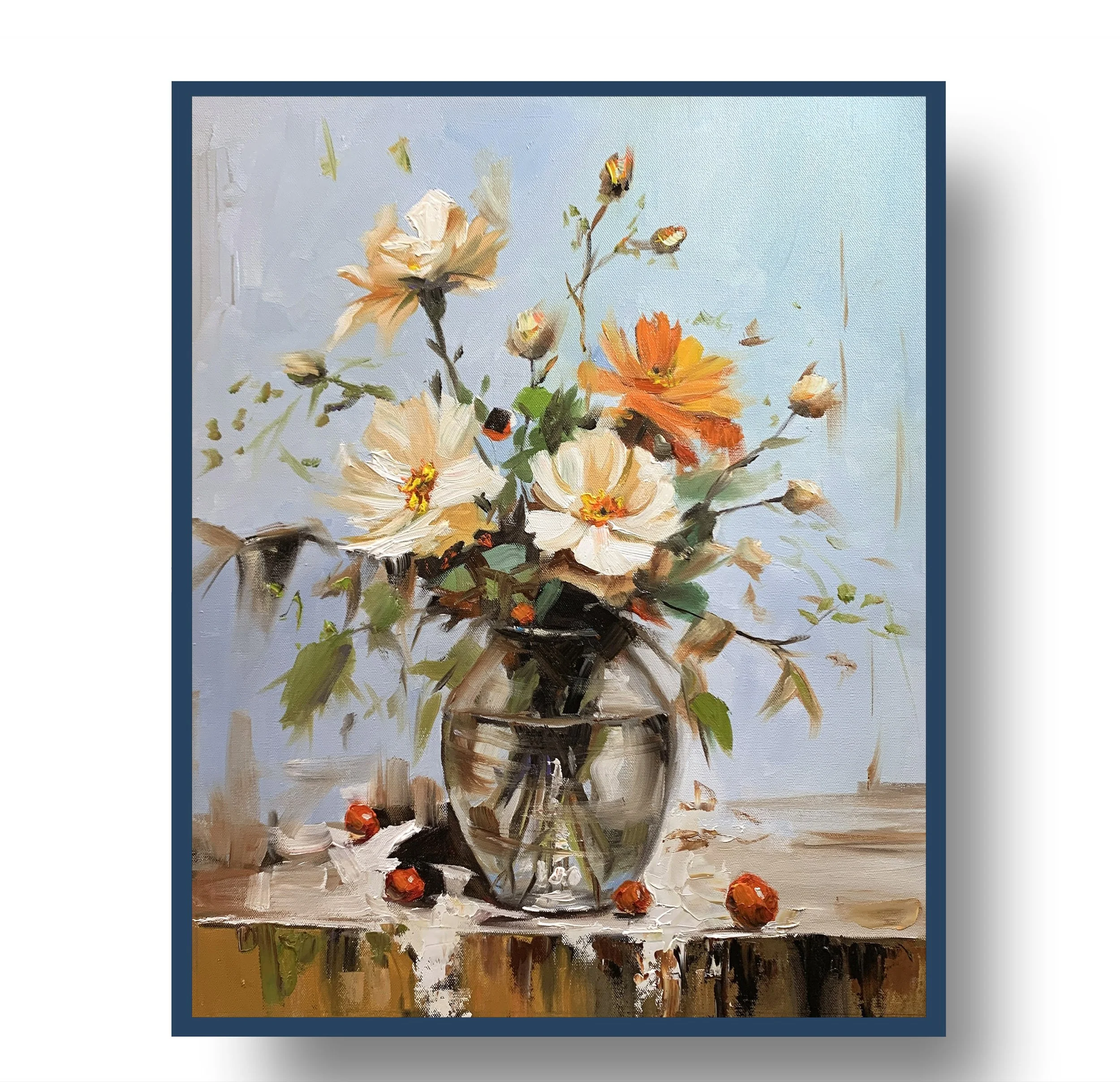 Wildflower Bouquet in Glass Vase.   Oil painting on canvas. 50x40cm.