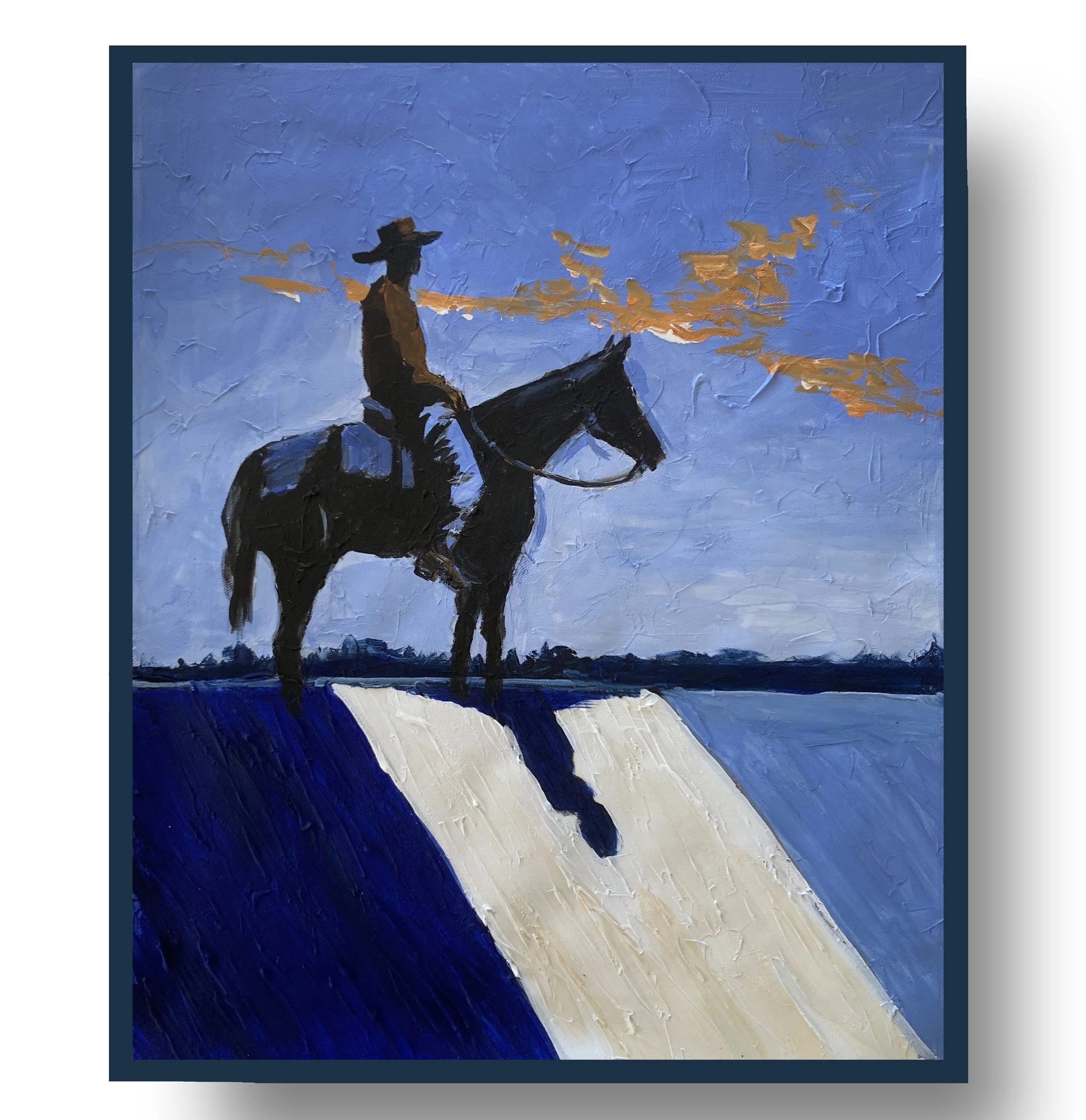 Cowboy on a Black Horse Under a Blue Sky.          Acrylic painting on canvas.    50x40cm.
