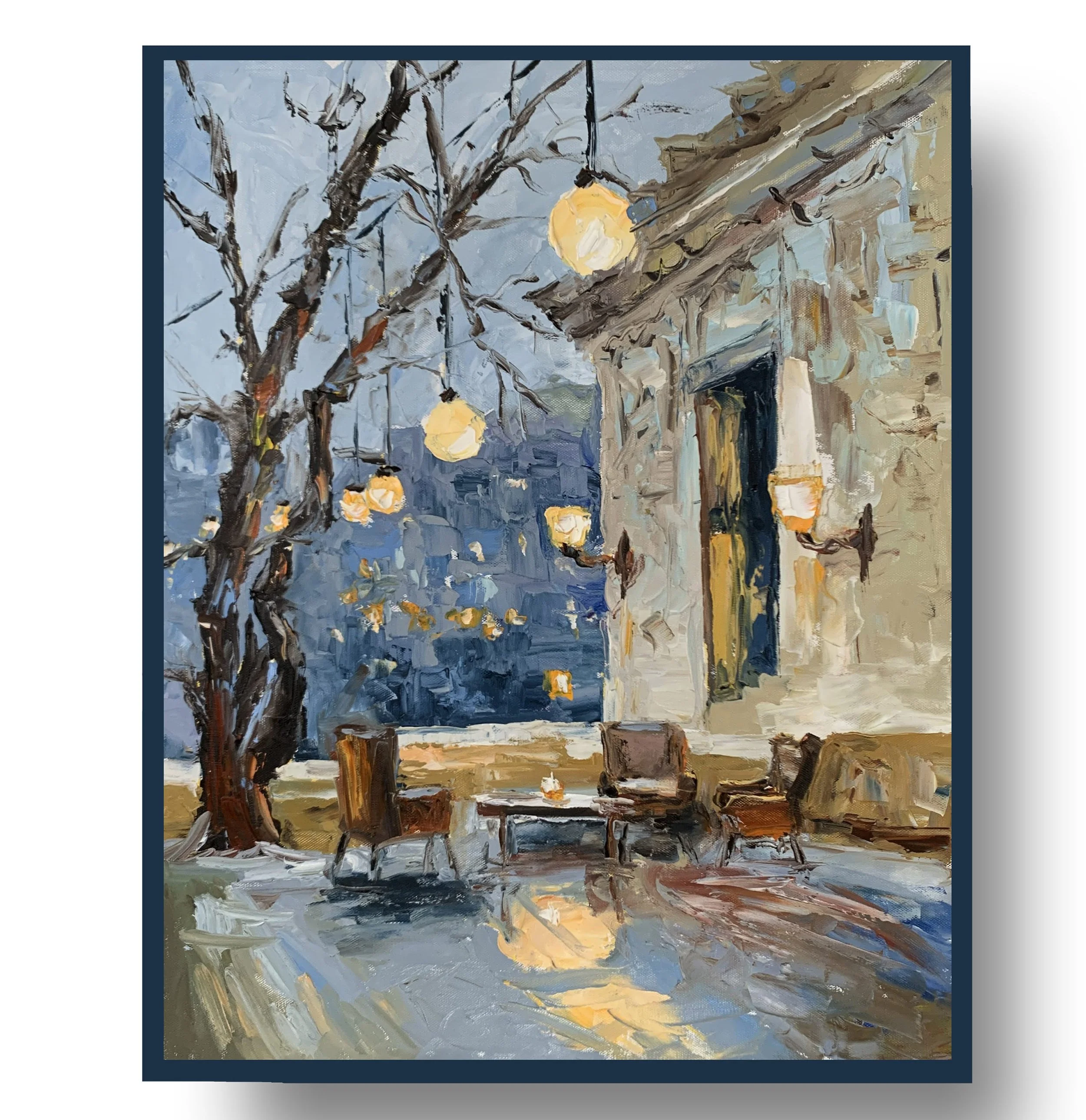 Artwork. Empty outdoor café with leafless trees and glowing round lights in a blue-grey winter setting. Vita Schagen art