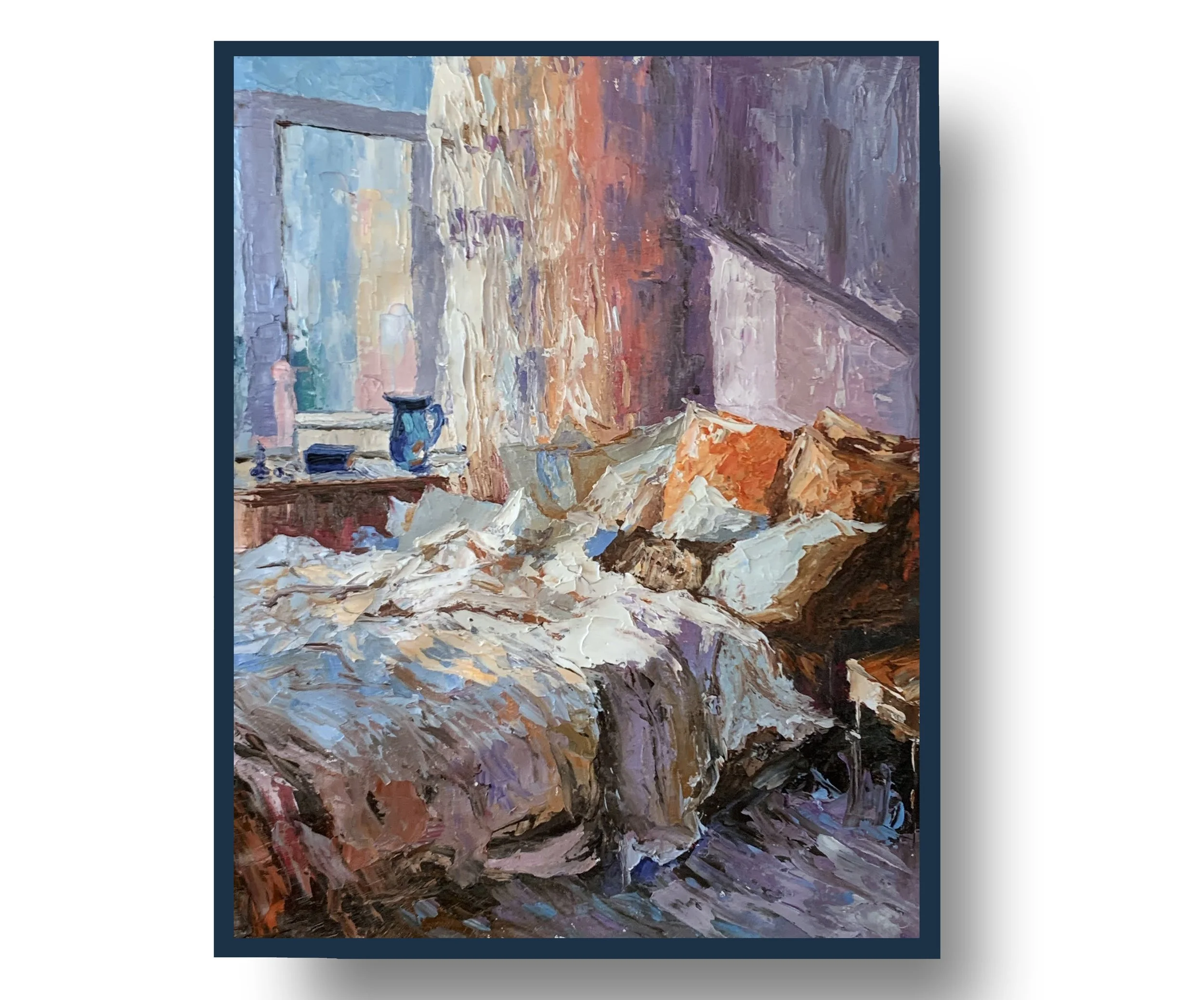 Lavender Morning, Unmade Bed.   Oil painting on canvas.   50x40cm.