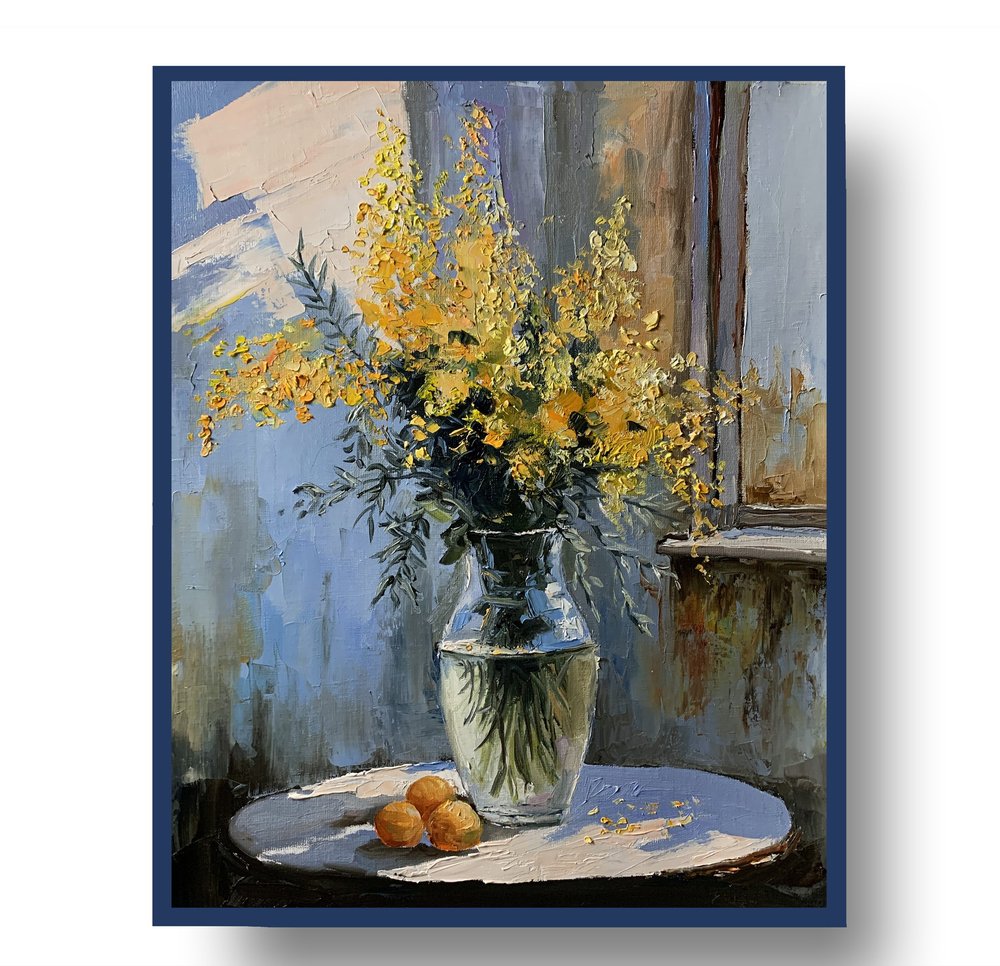 Bouquet of mimosa in a transparent vase by the window. Oil