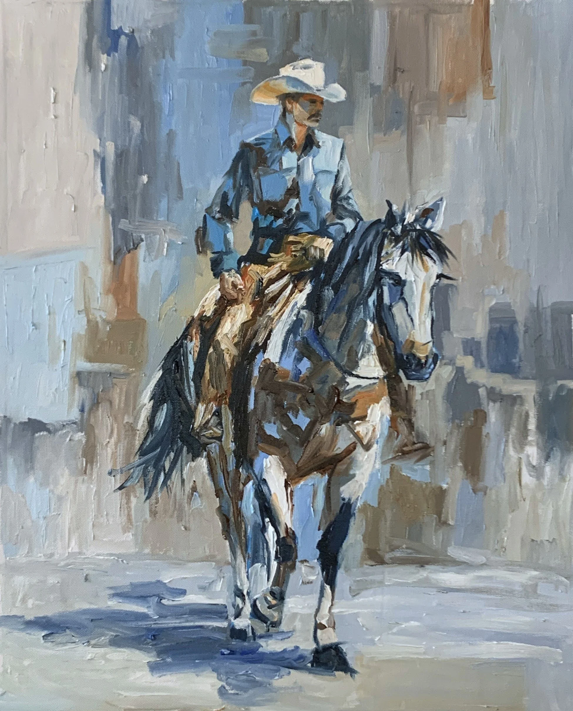 Cowboy in a blue shirt riding a dark horse forward against a pale abstract background, Vita Schagen painting