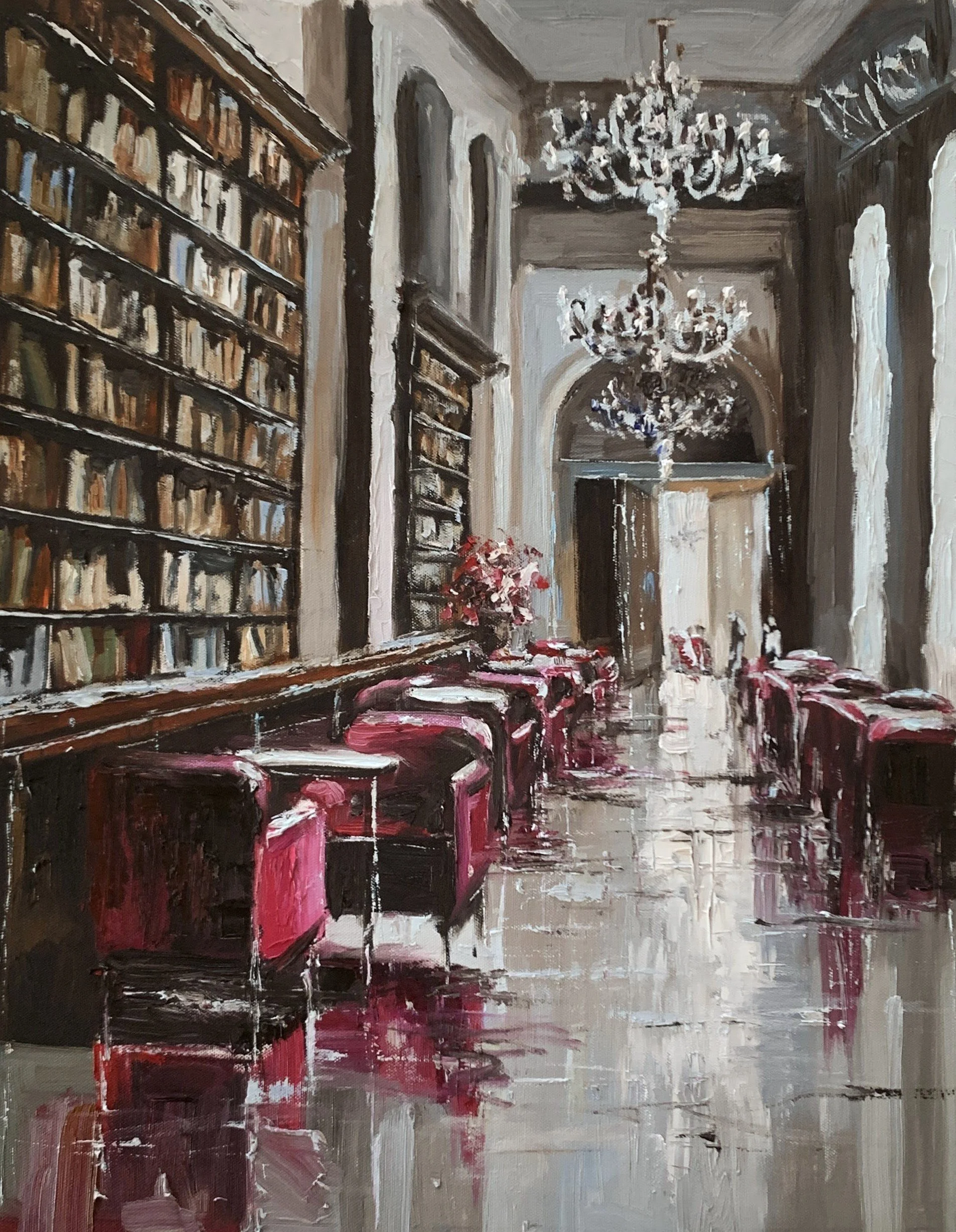 oil painting Vita Schagen Elegant public library corridor with tall dark bookcases, chandeliers and deep burgundy chairs