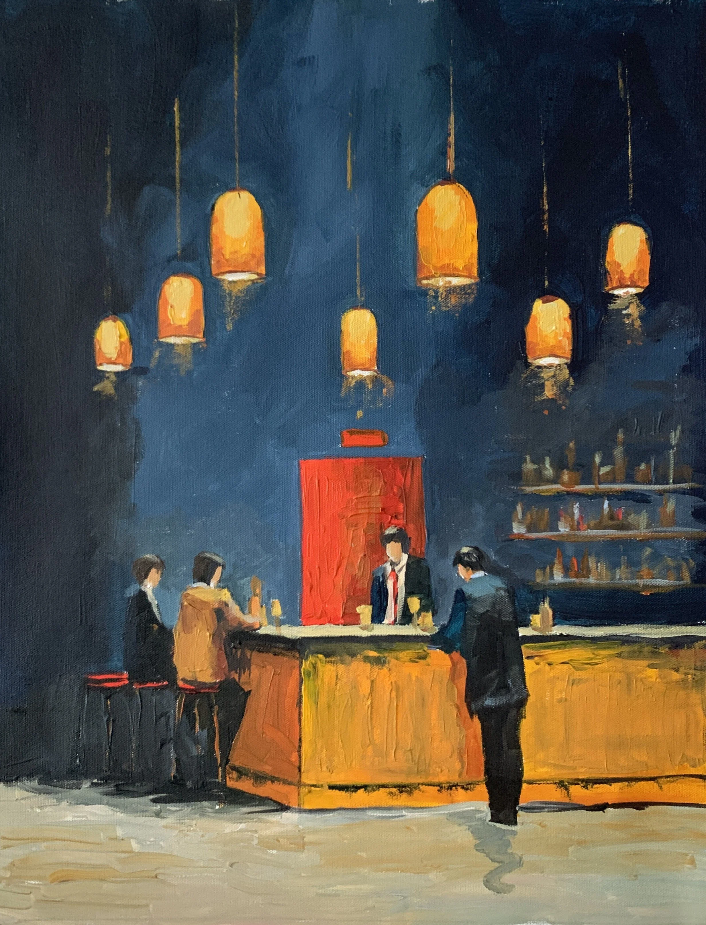 Vita Schagen artwork, Dark blue bar interior with patrons, bartender, glowing amber pendant lamps, a golden counter and a vivid red central door