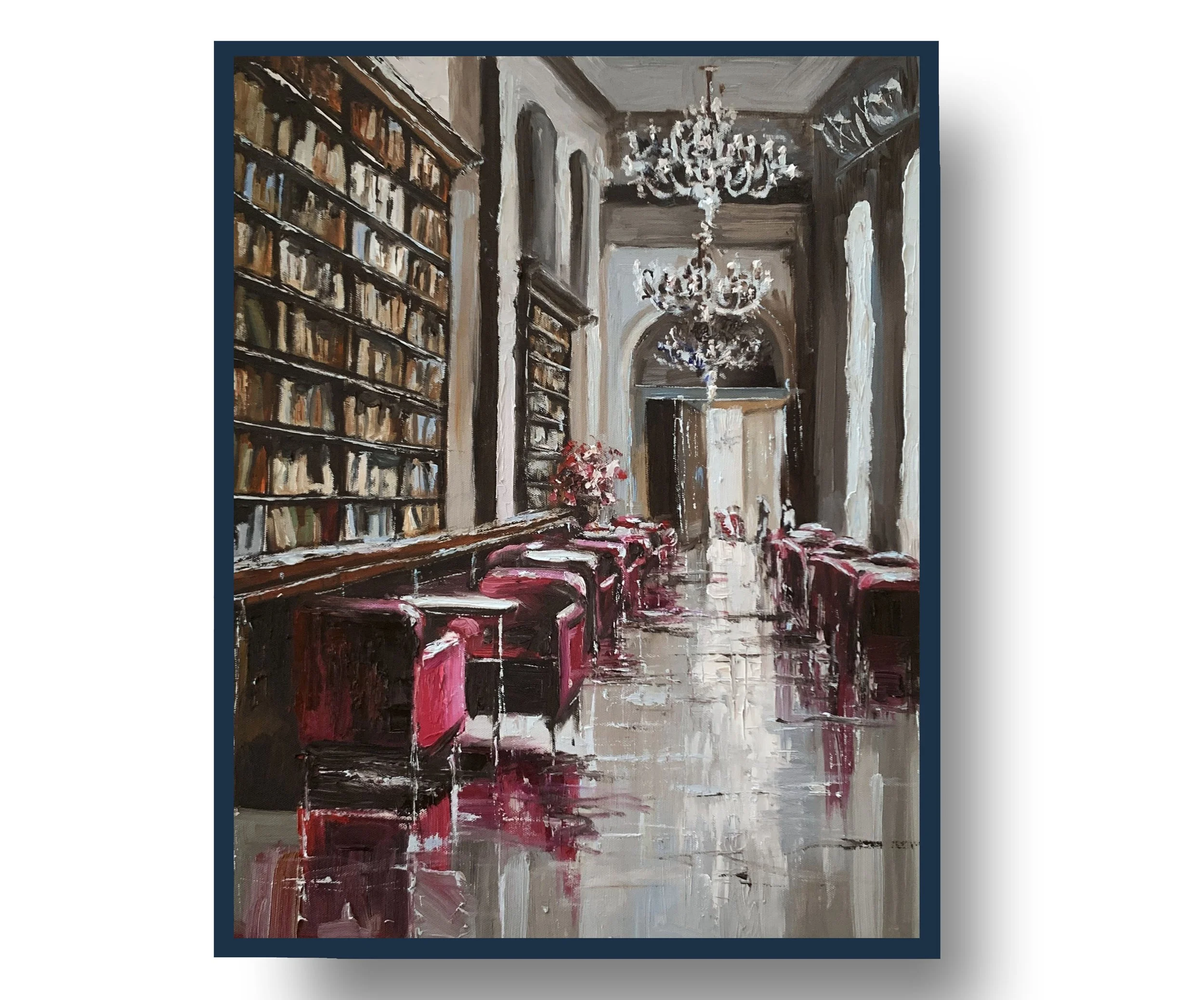 oil painting Vita Schagen Elegant public library corridor with tall dark bookcases, chandeliers and deep burgundy chairs artwork