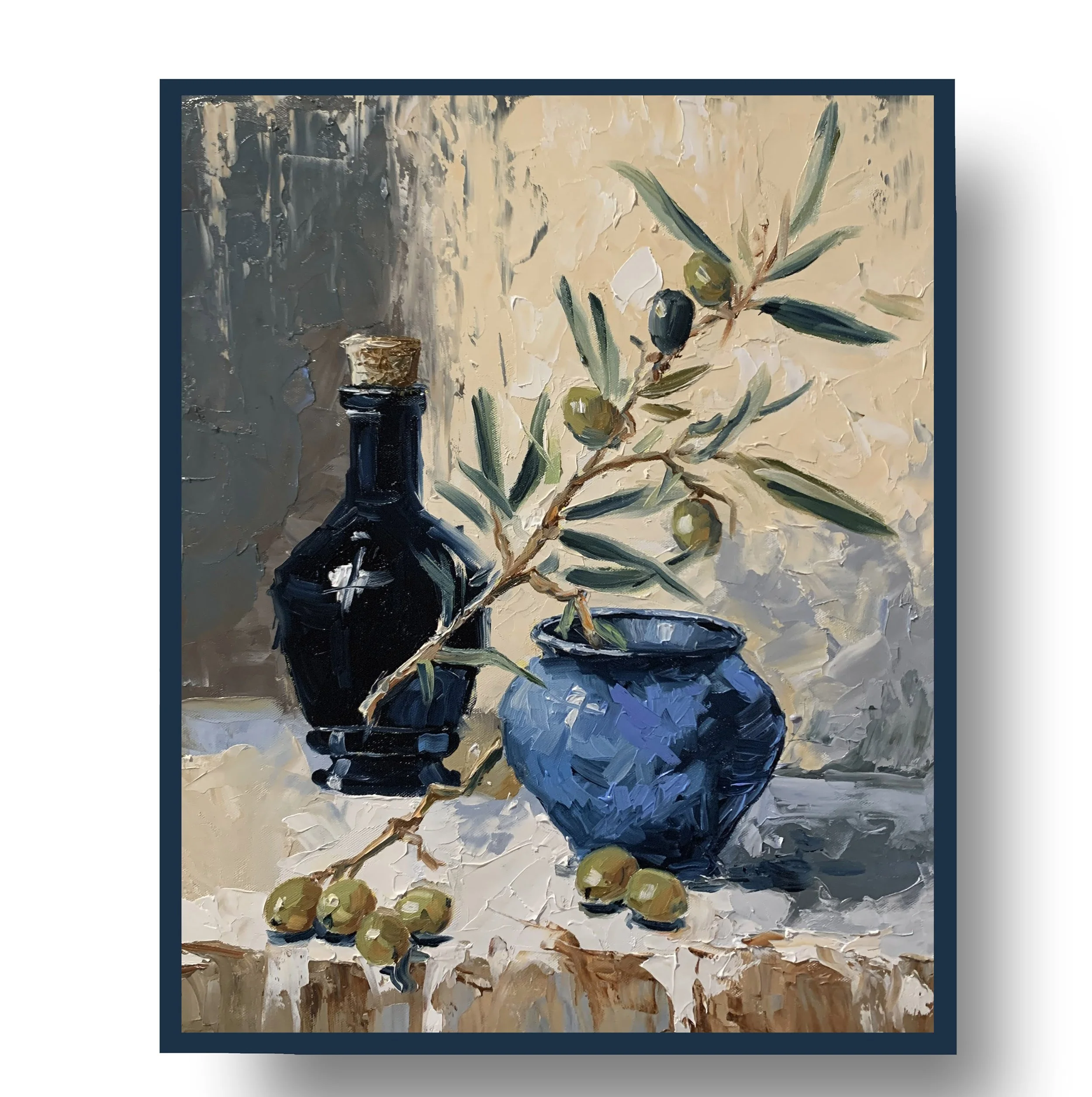 Olive Branch in Blue Vase.      Oil painting on canvas.  50x40cm.