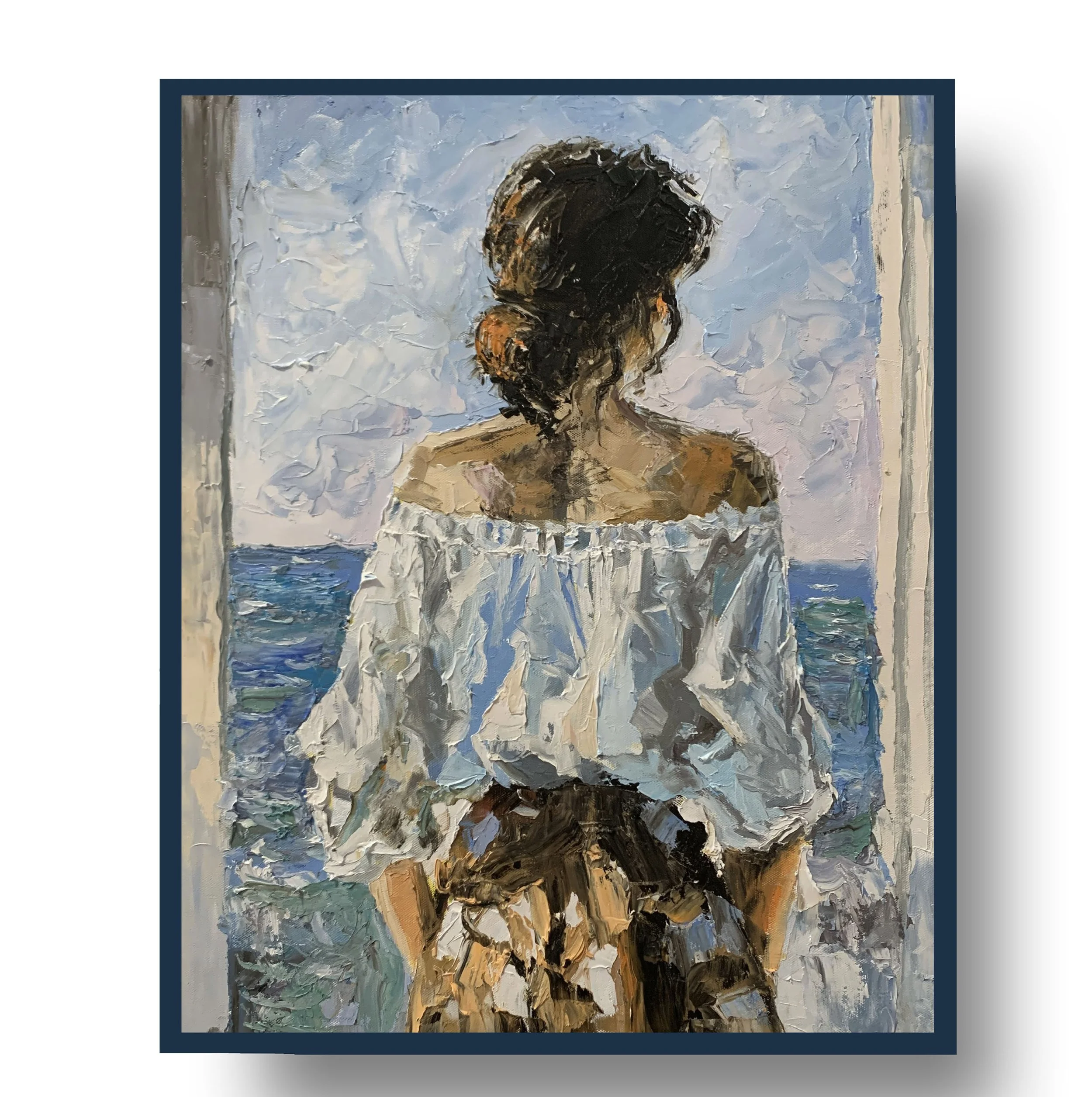 Woman by the Sea Window.      Oil painting on canvas.  50x40cm.