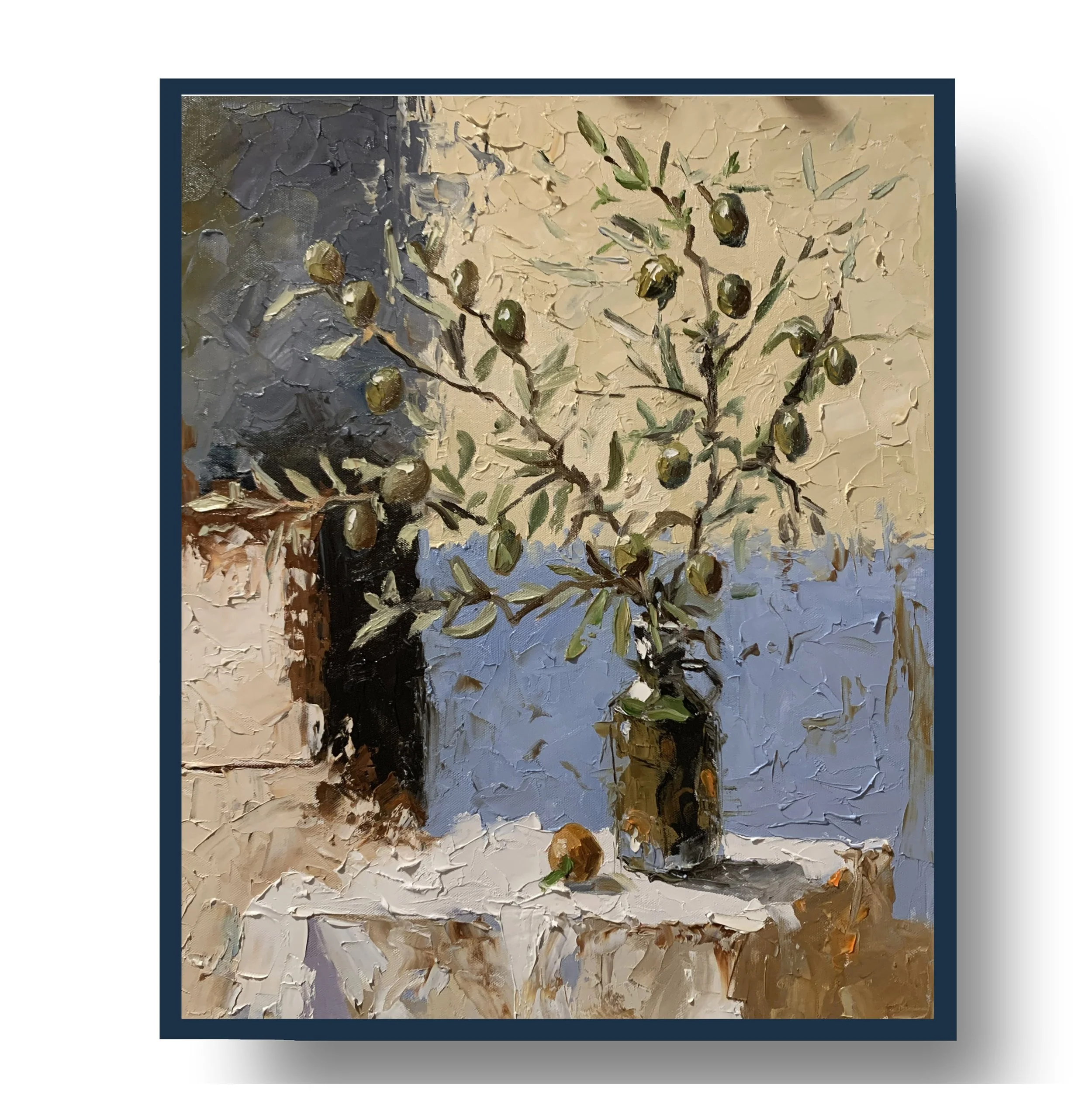 Olive Branches by the Blue Wall.       Oil painting on canvas.  50x40cm.