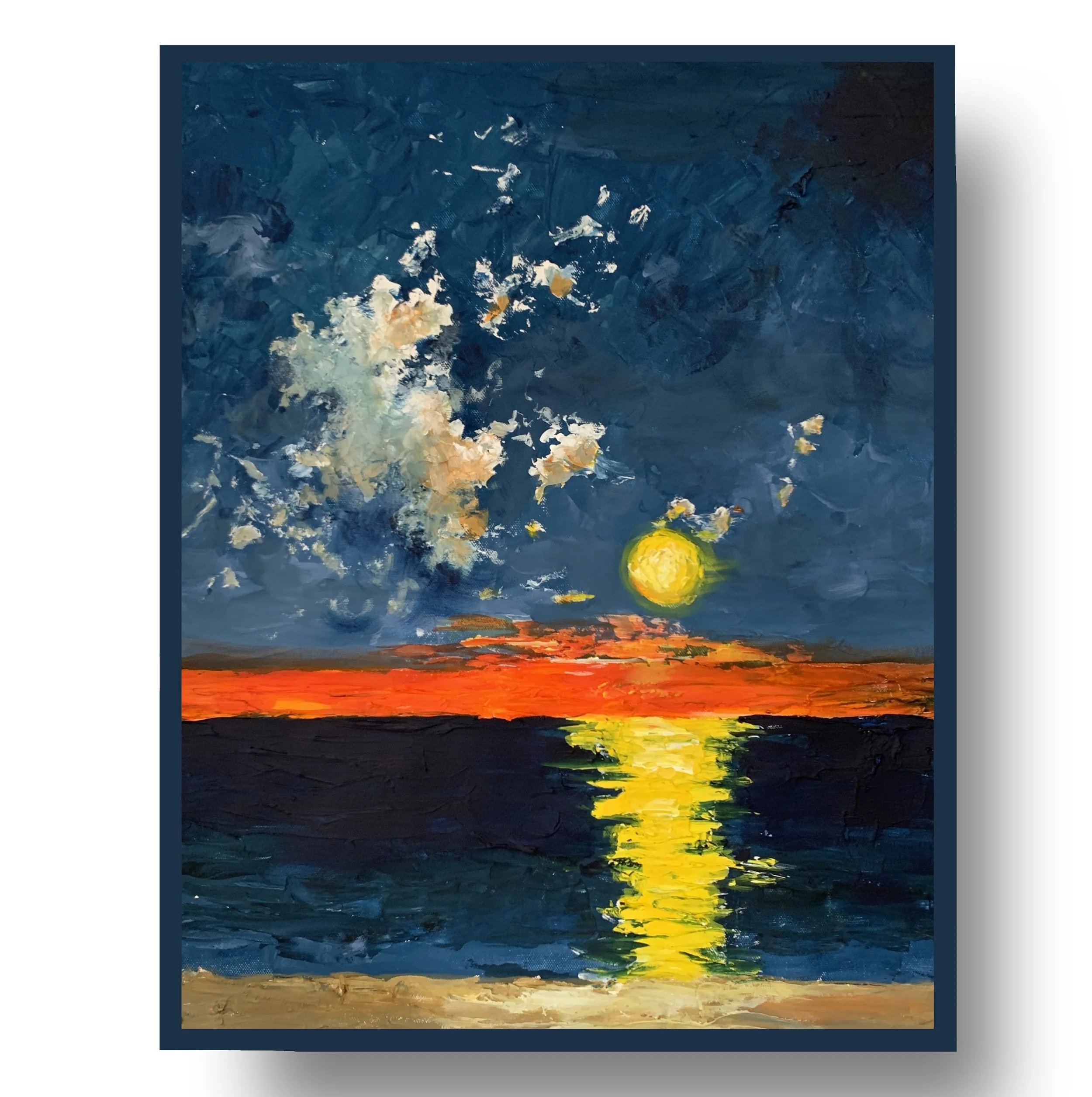 Golden Sunset Over Blue Water.          Acrylic painting on canvas.    50x40cm.