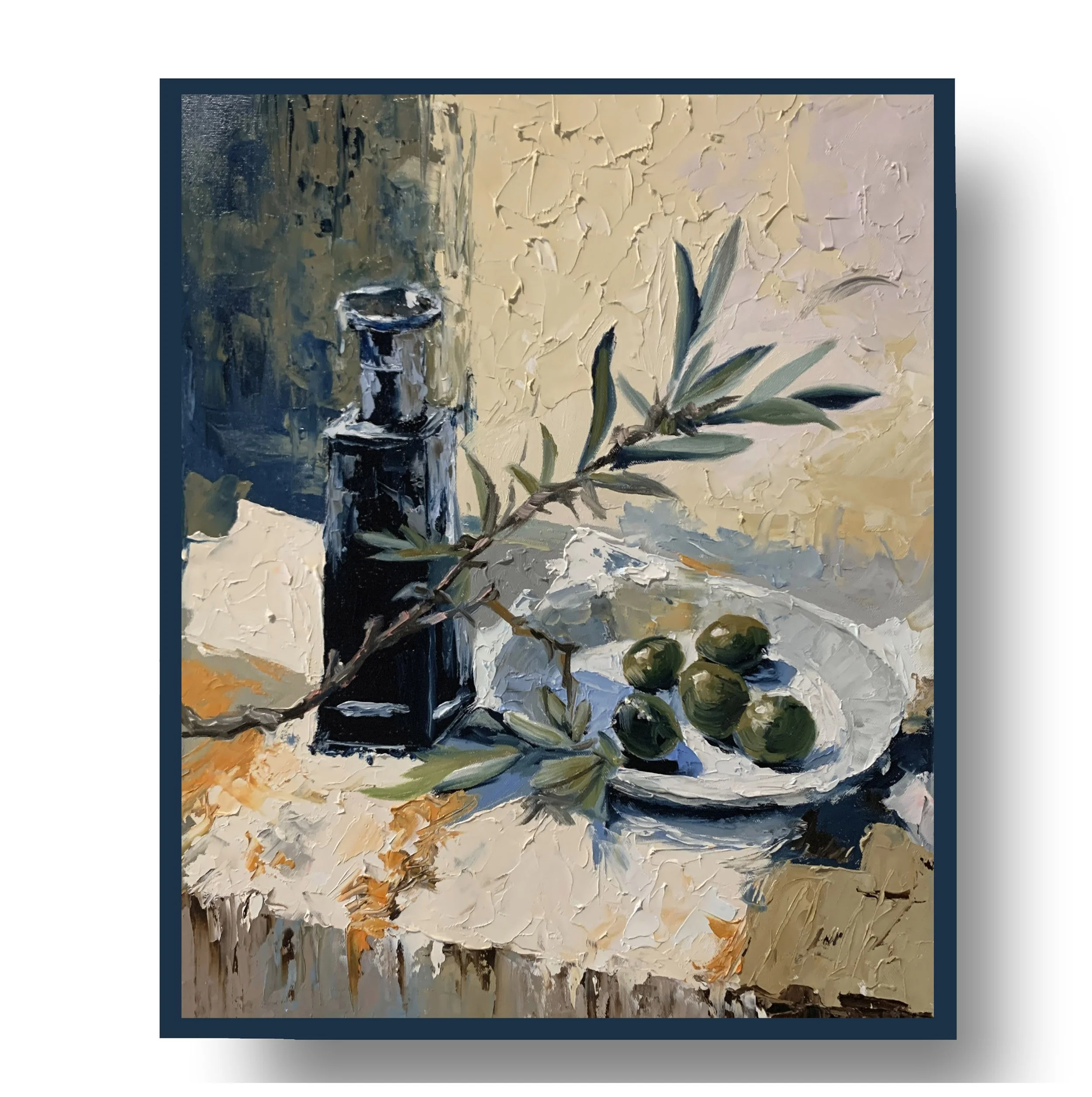 Olive Branch and Olive Oil Bottle.        Oil painting on canvas.  50x40cm.