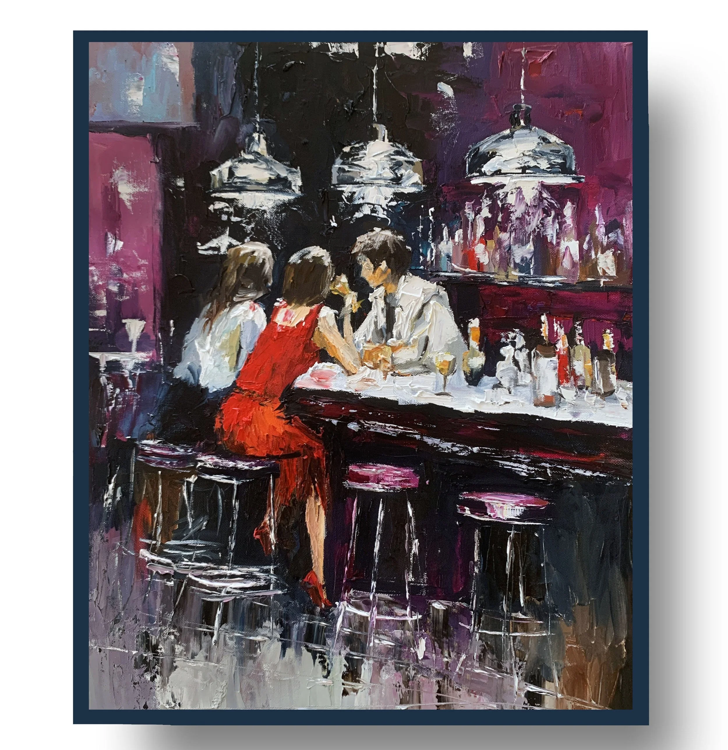 Woman in a Red Dress at a Dark Bar.     Oil painting on canvas.   50x40cm.