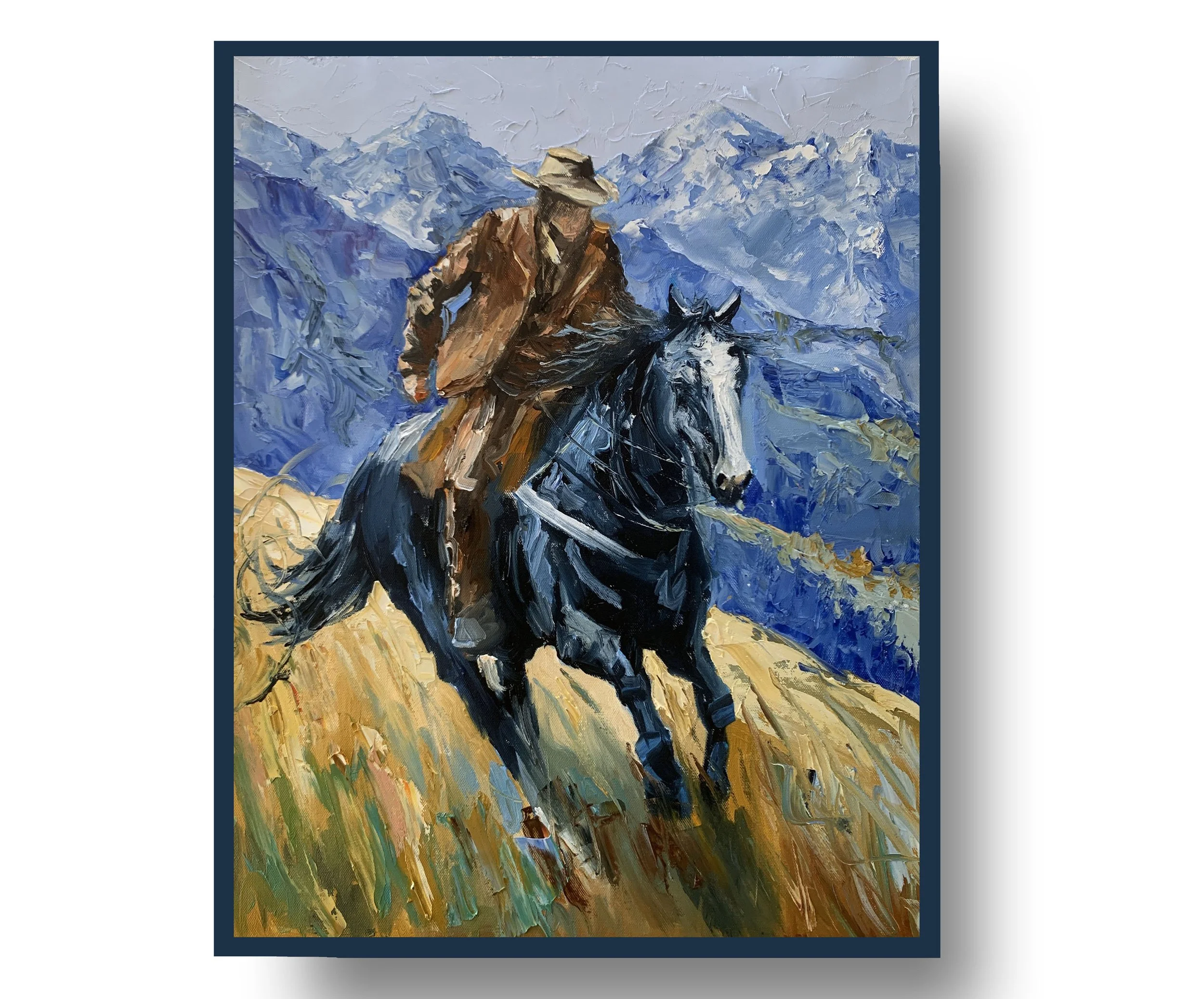 Cowboy Riding Through Blue Mountains.        Oil painting on canvas.   50x40cm.