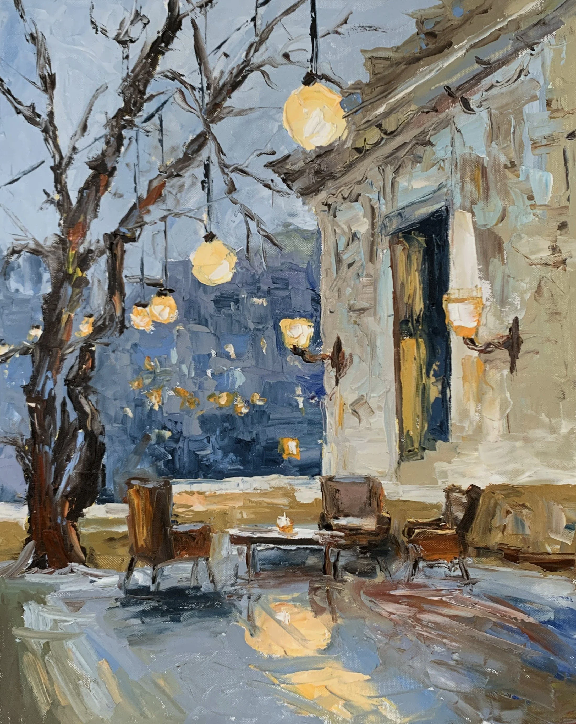 Empty outdoor café with leafless trees and glowing round lights in a blue-grey winter setting. Vita Schagen art