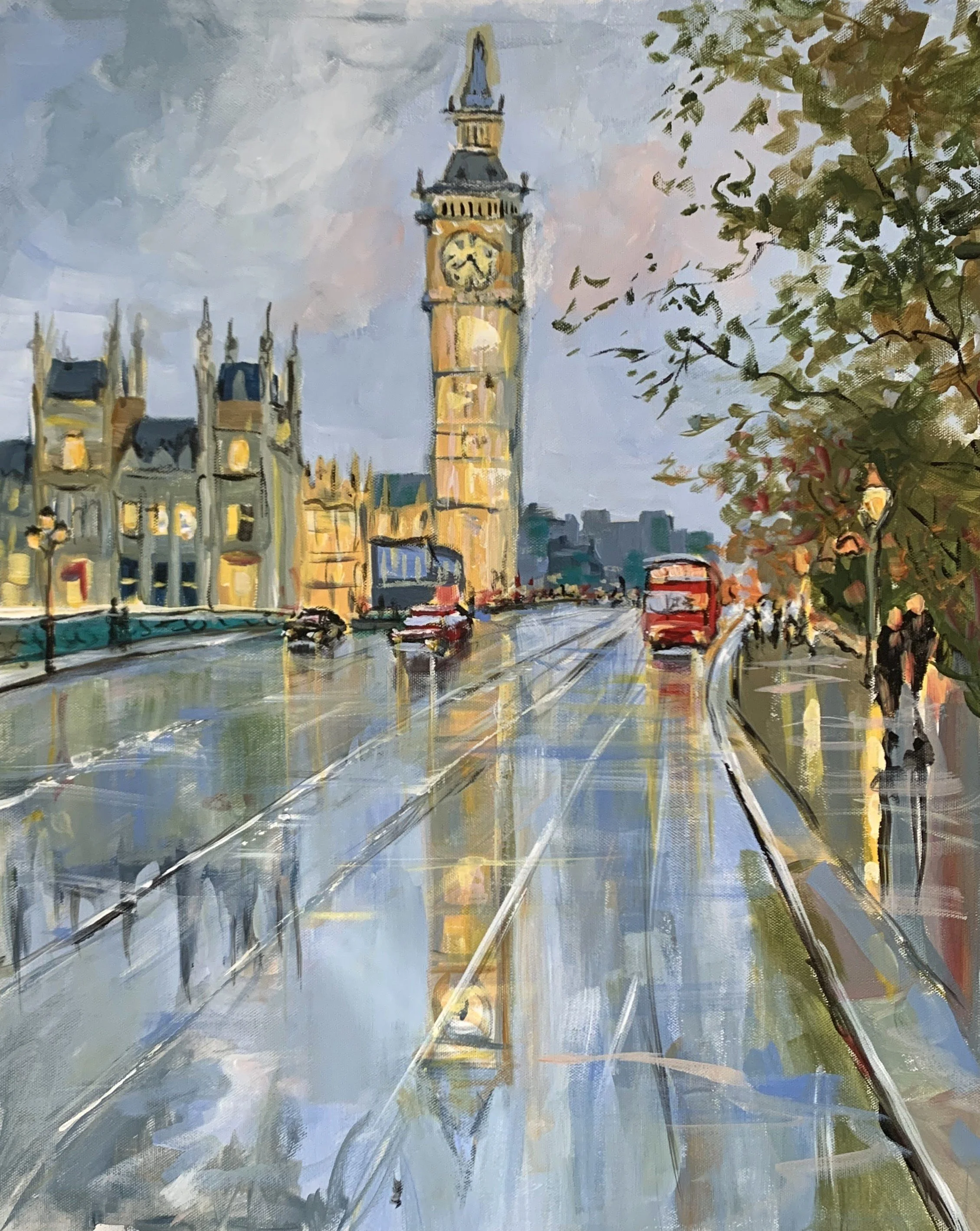 Original acrylic cityscape of Big Ben and Westminster with red buses reflected on a rain-washed blue-grey London street.