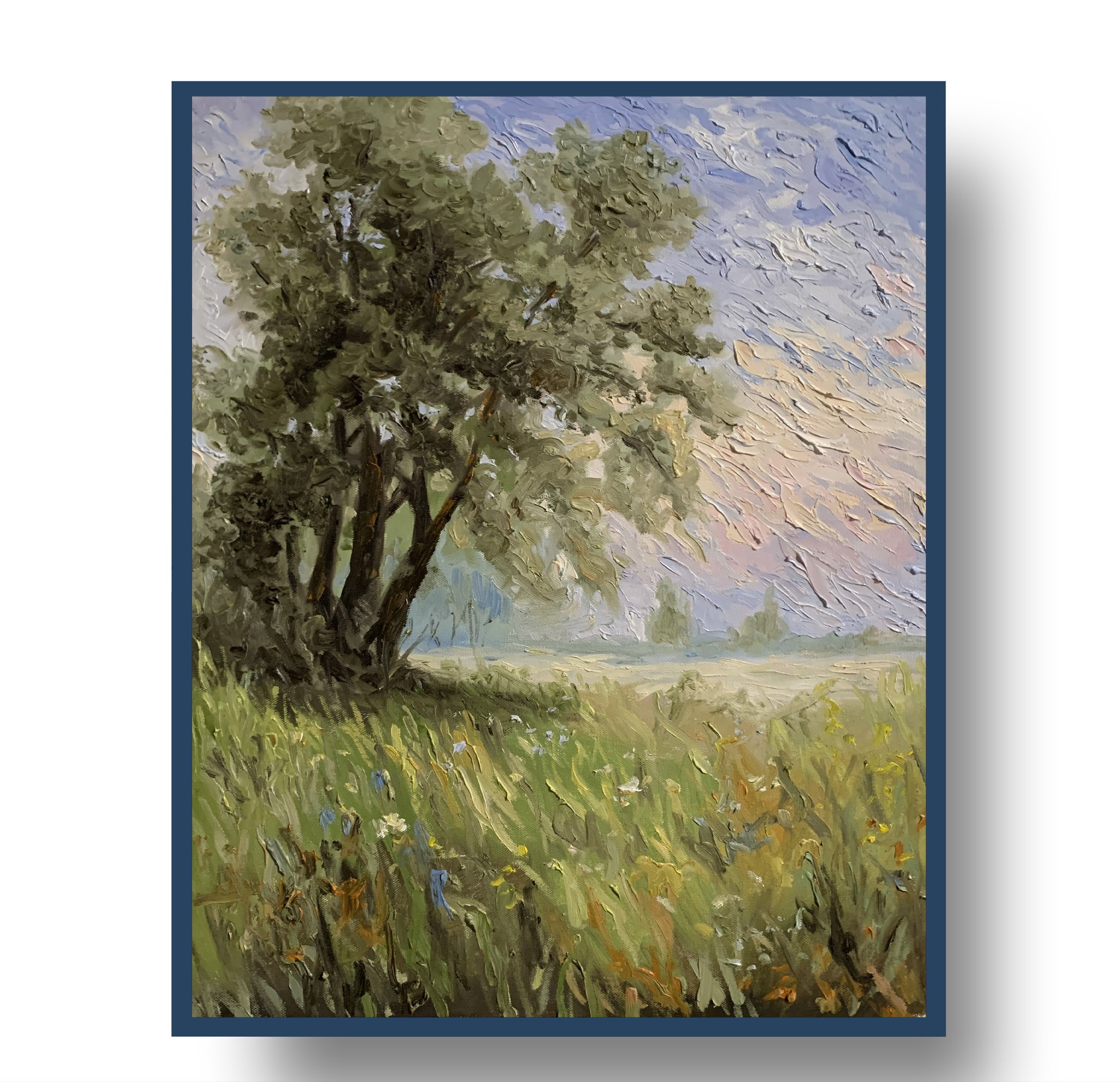 Wildflower Meadow Tree Landscape.   Oil painting on canvas. 50x40cm.