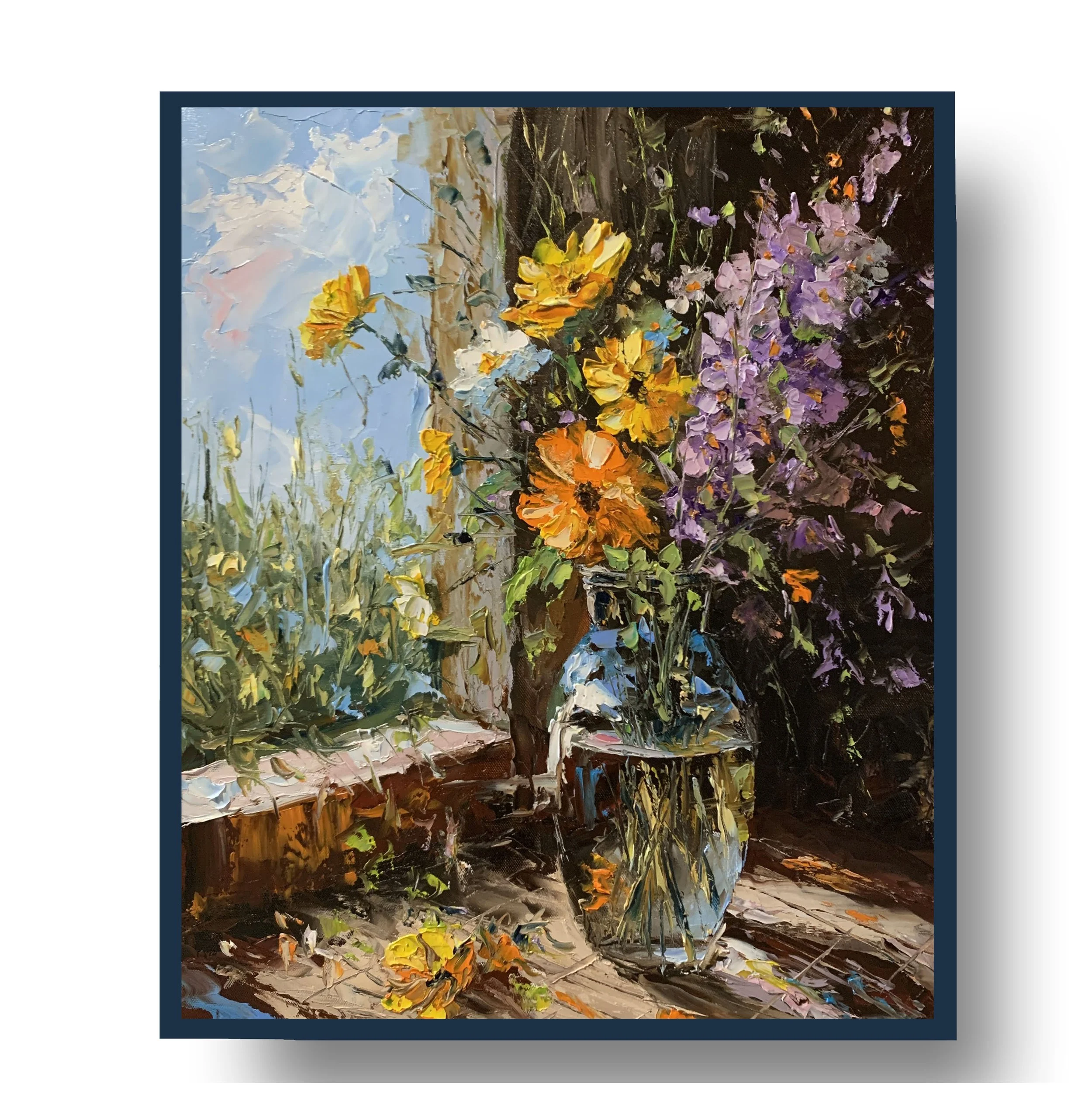 Sunlit Wildflower Bouquet by the Window. Oil painting on canvas.  50x40cm.