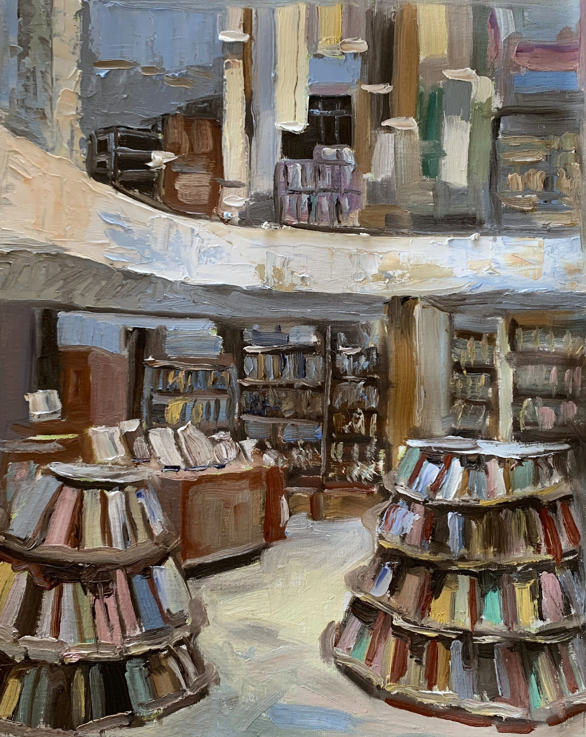 painting Spacious public library with curved book displays filled with books beneath soft pale light Vita Schagen