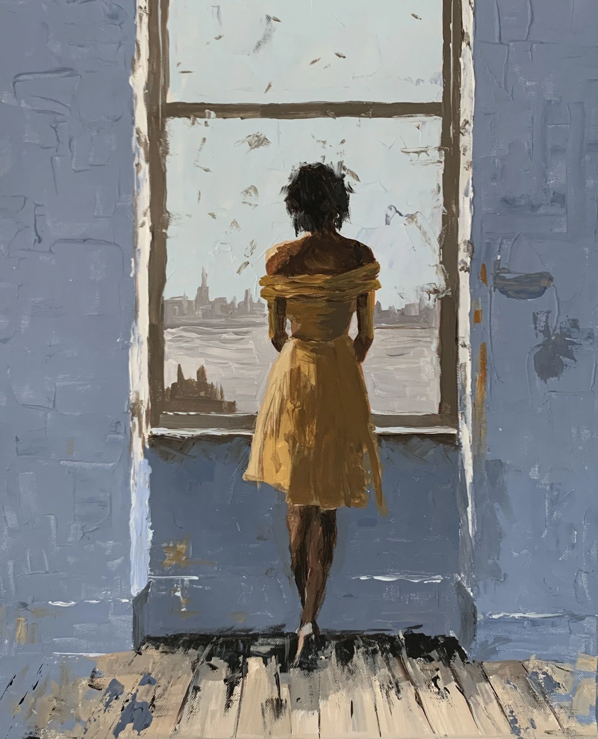 Woman in a mustard yellow dress seen from behind at a tall window overlooking a pale city. solitude