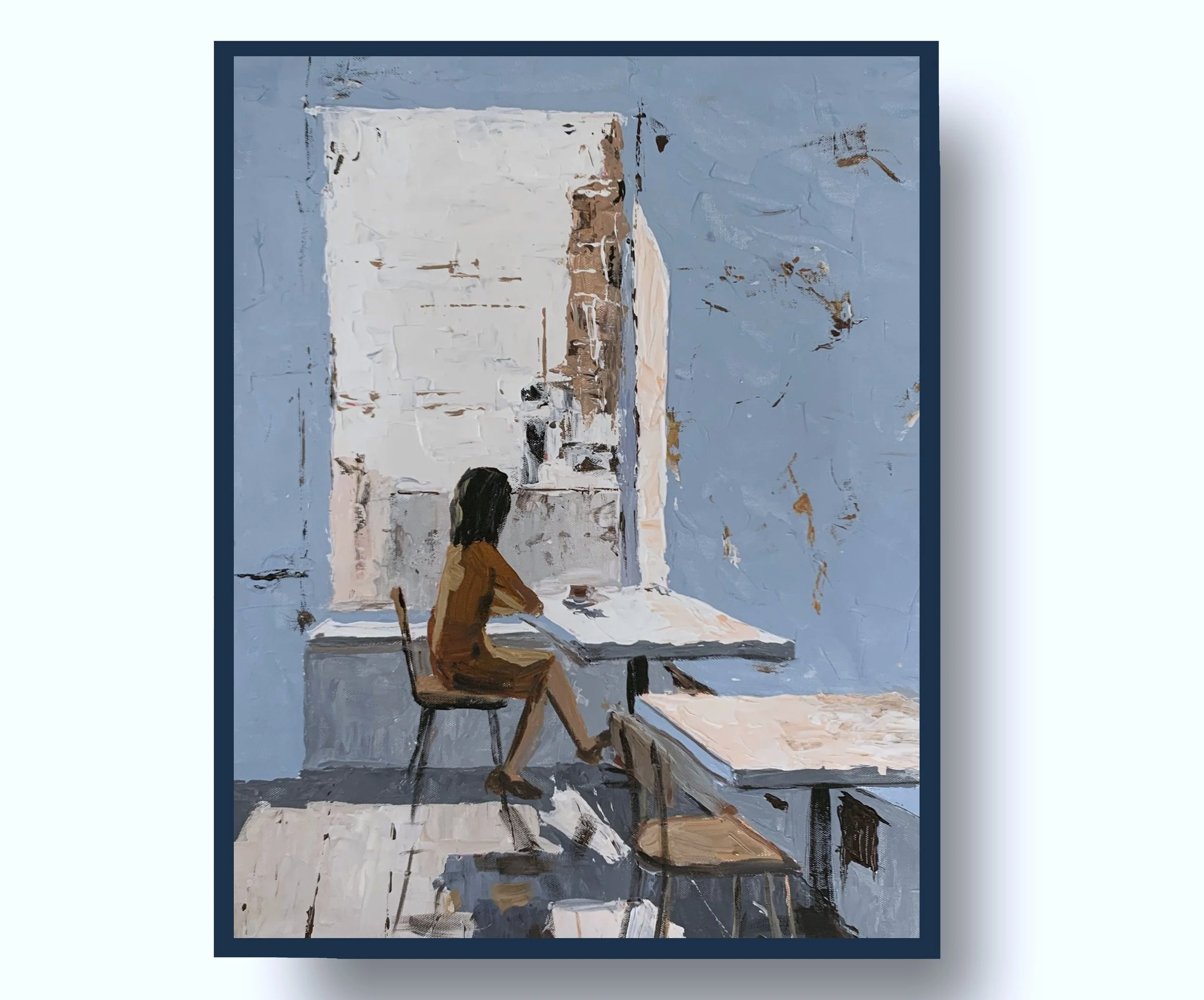 Woman with Coffee in a Blue Café.          Acrylic painting on canvas.    50x40cm.