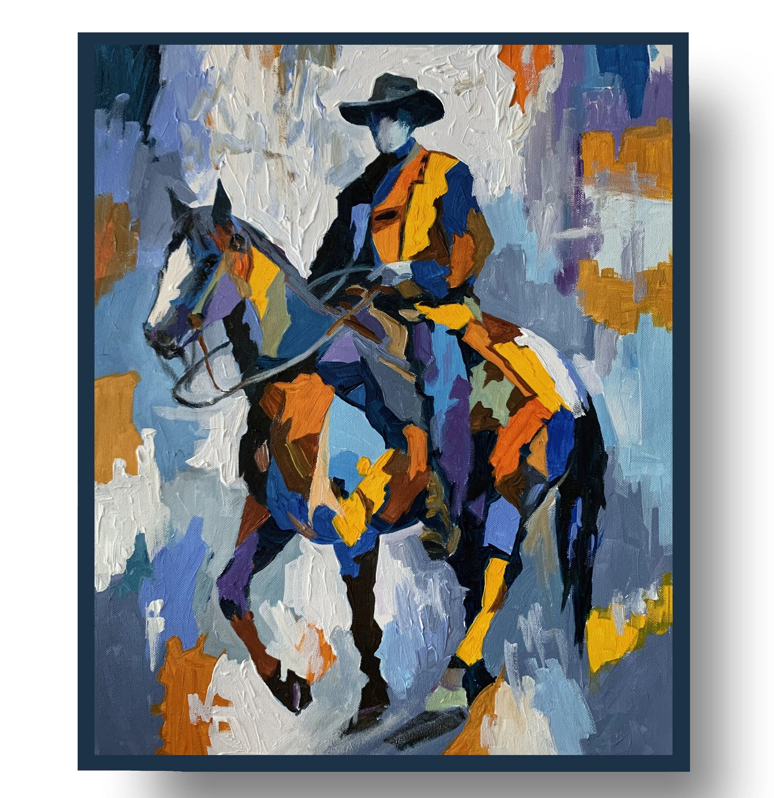 Cowboy on a Rainbow Horse.          Acrylic painting on canvas.    50x40cm.