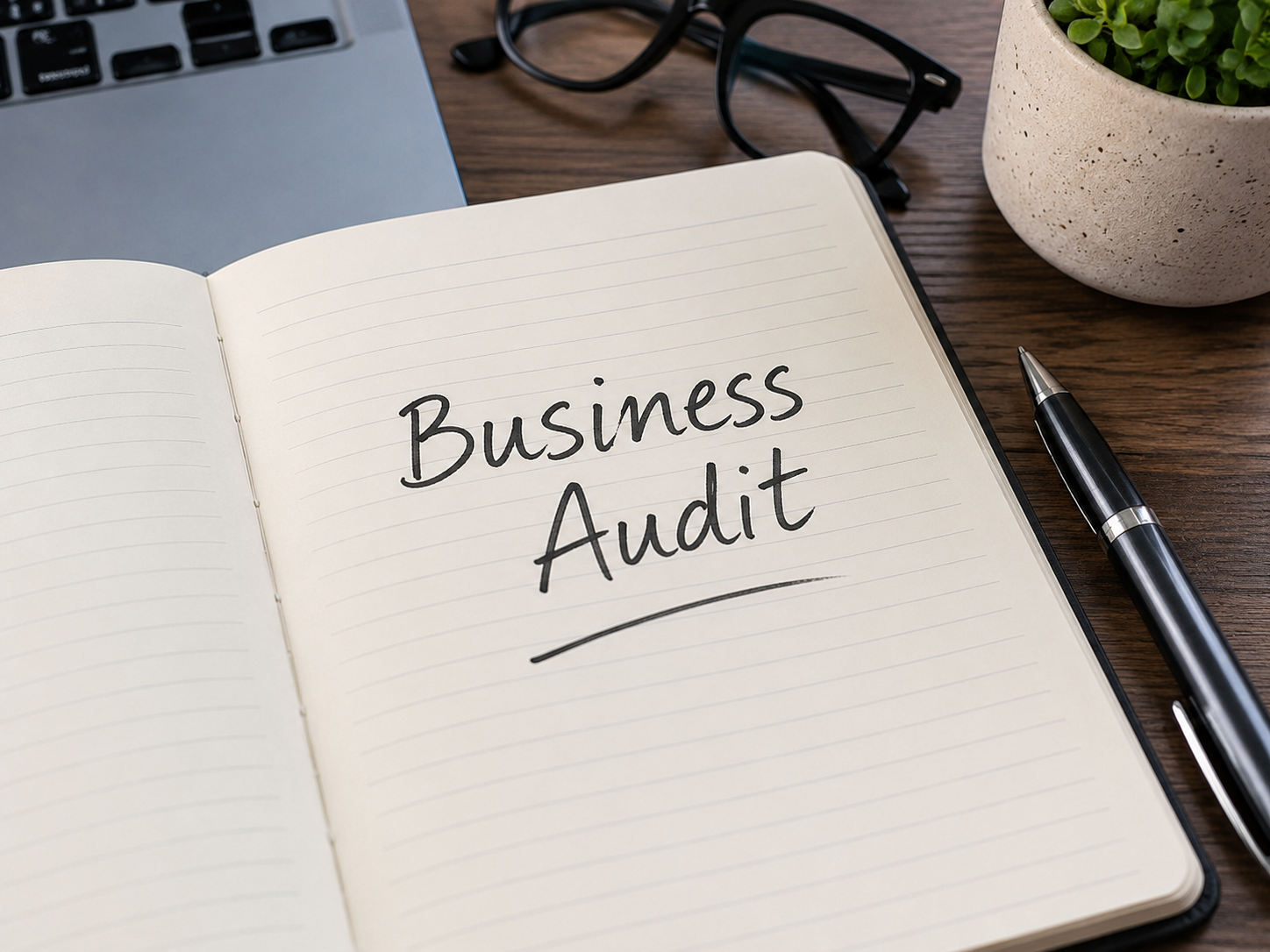 Open notebook with 'Business Audit' written on the page, on a wooden desk along with a pen, glasses, a laptop, and a potted plant.