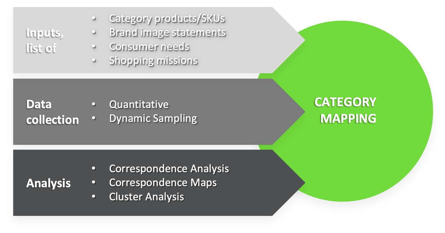 Flowchart illustrating category mapping. It shows three gray arrows labeled Inputs, Data Collection, and Analysis pointing to a green circle with "Category Mapping."