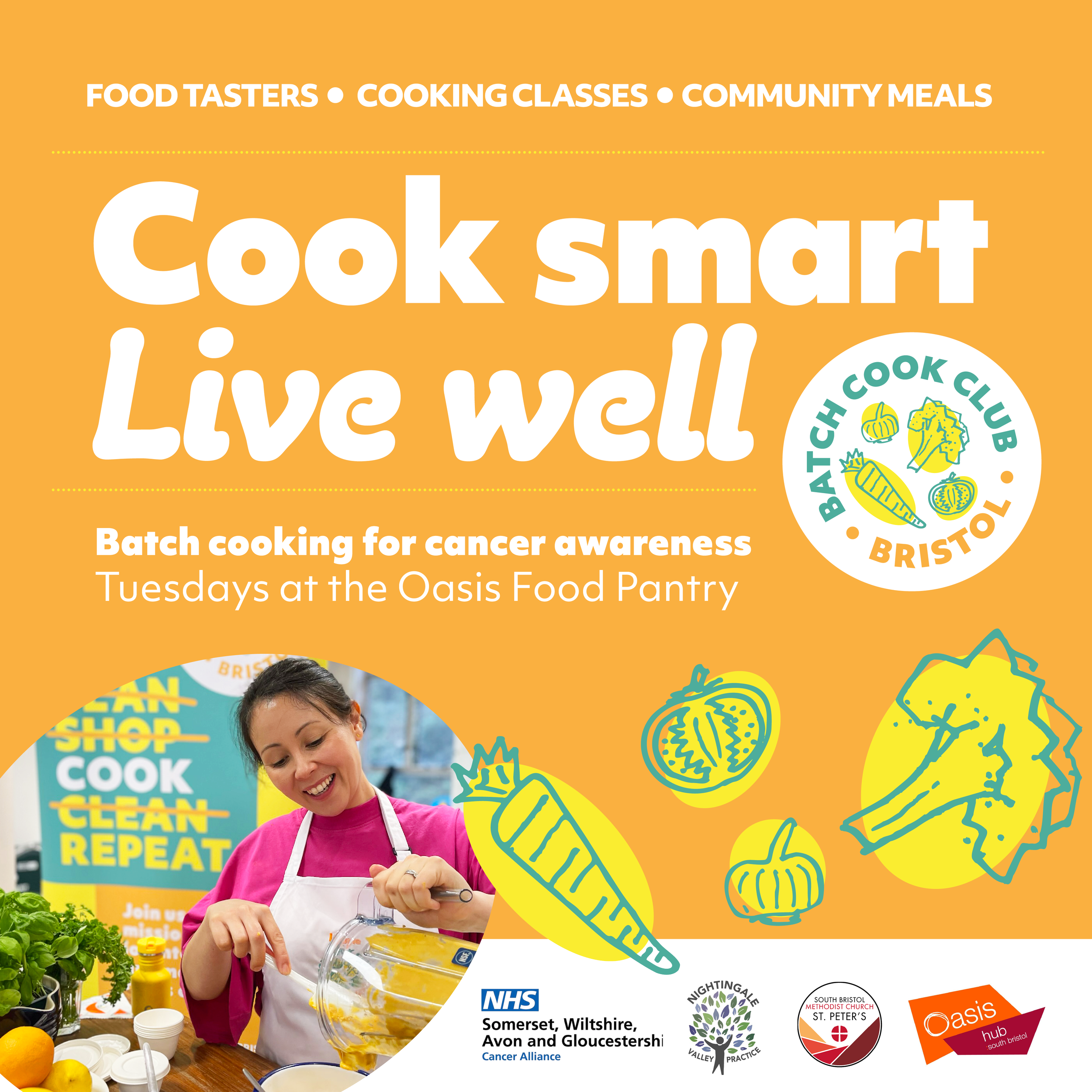Cook Smart Live well promotional image with illustrations of vegetables and a woman smiling pouring source from a blender