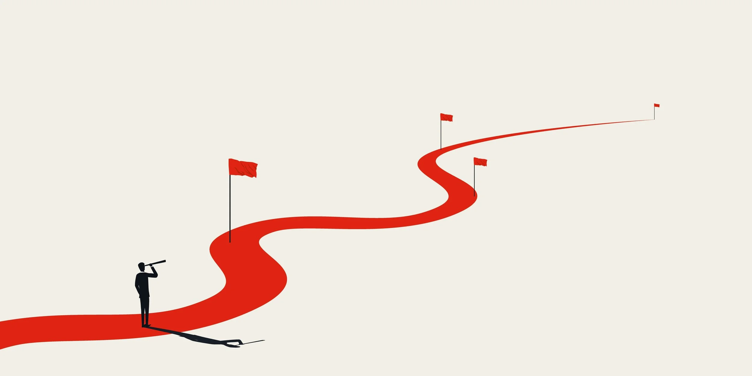 A person with binoculars standing on a winding red path with red flags, symbolizing a journey or progress.