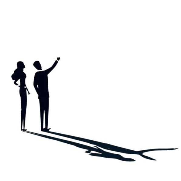 Silhouette of two people, a man and a woman, standing on a shadowed surface, with the man raising his arm, against a black background.