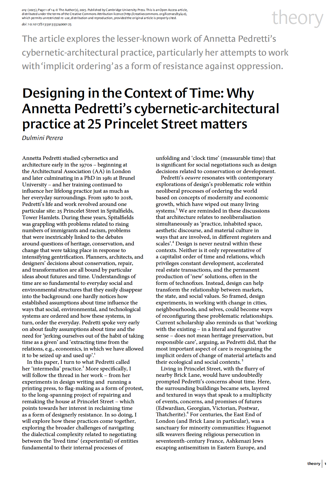 Artikel: Dulmini Perera - Designing in the Context of Time: Why Annetta Pedretti’s cybernetic-architectural practice at 25 Princelet Street matters