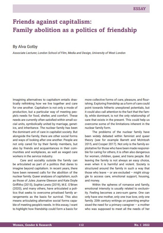 Essay: Alva Gotby - Friends against Capitalism: Family Abolition as a Politics of Friendship